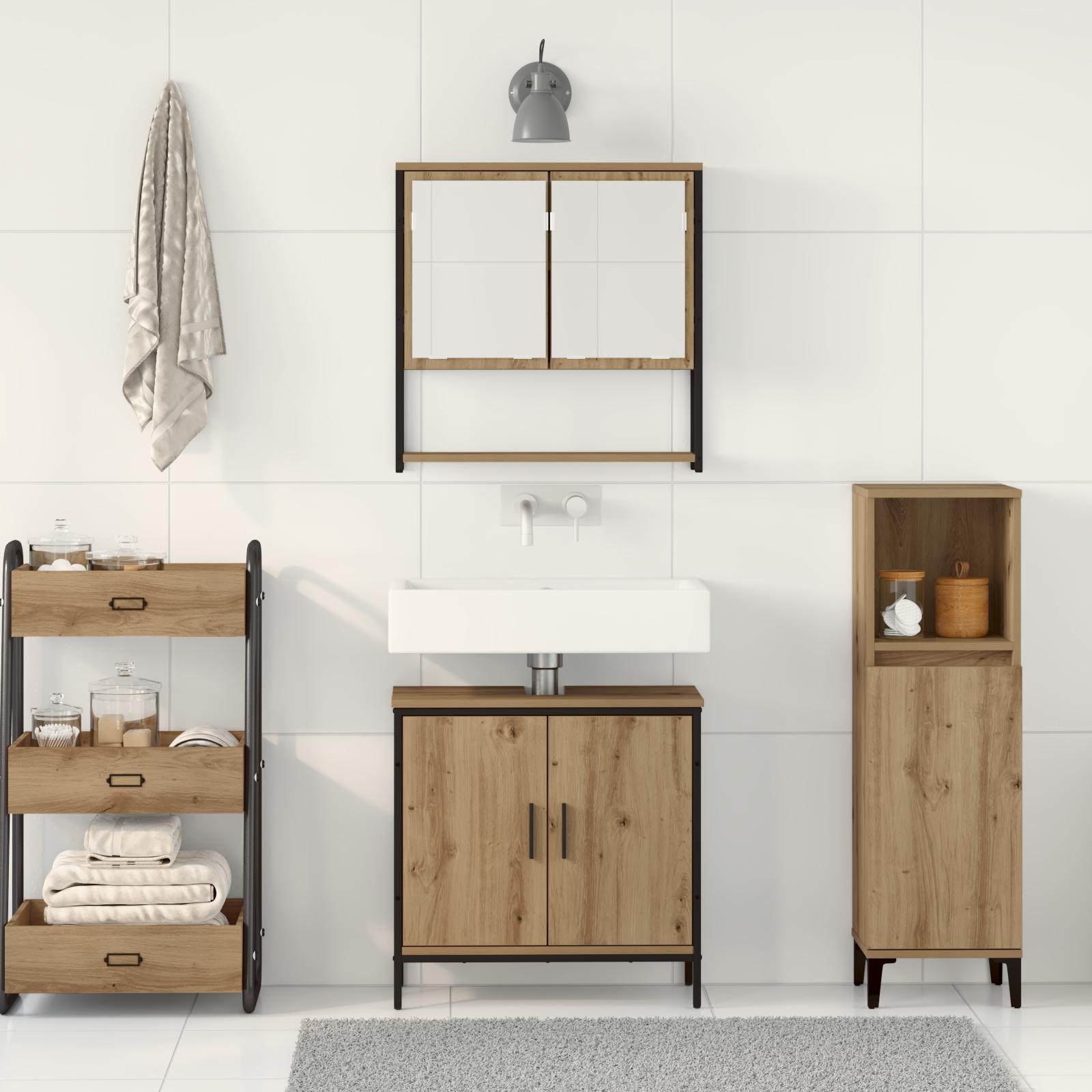 Set di mobili per bagno 2 pezzi in legno ingegnerizzato rovere artisan