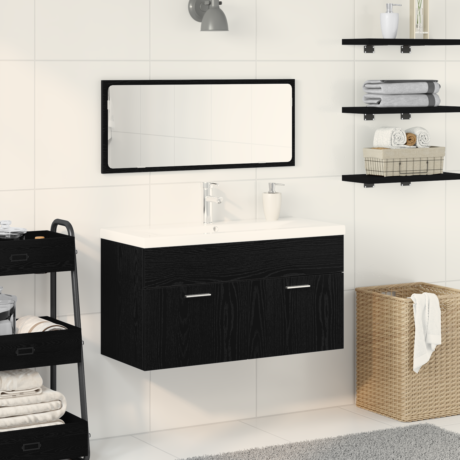 Set di Mobili da Bagno 3 Pezzi in Rovere Nero Legno Ingegnerizzato