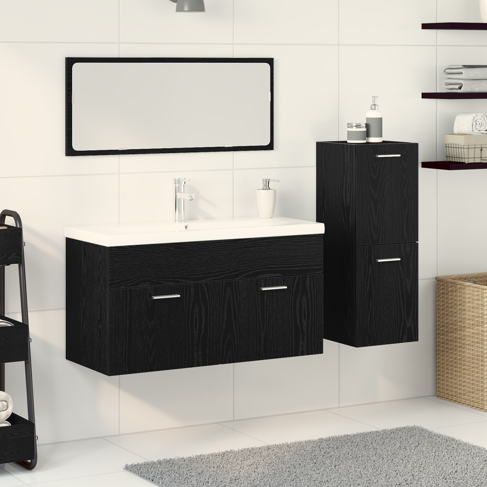 Set di Mobili da Bagno 4 Pezzi Rovere Nero Legno Ingegnerizzato