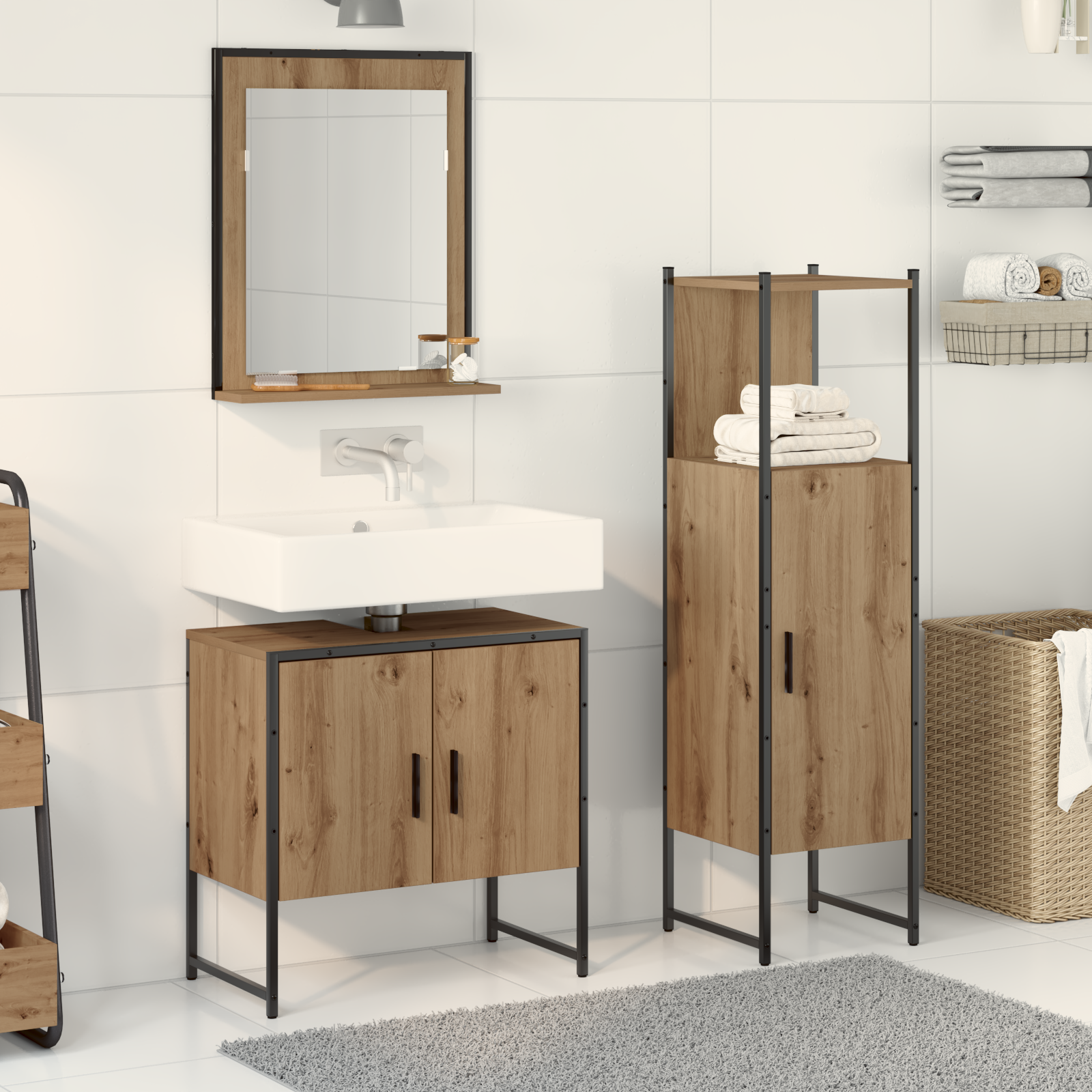 Set di armadietti da bagno 3 pezzi in rovere artigianale in legno ingegnerizzato