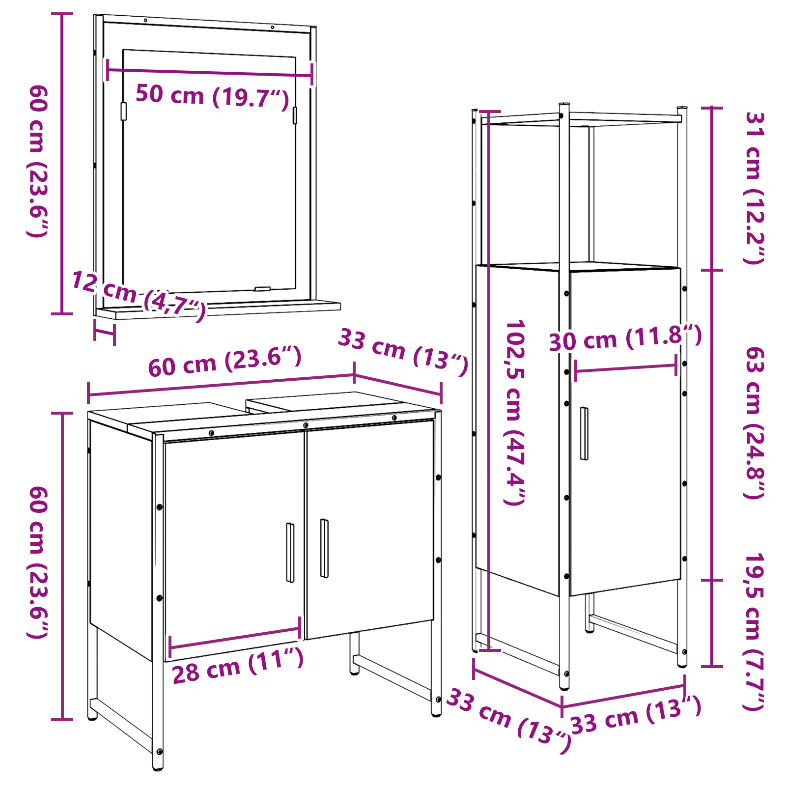 Set di armadietti da bagno 3 pezzi in rovere artigianale in legno ingegnerizzato