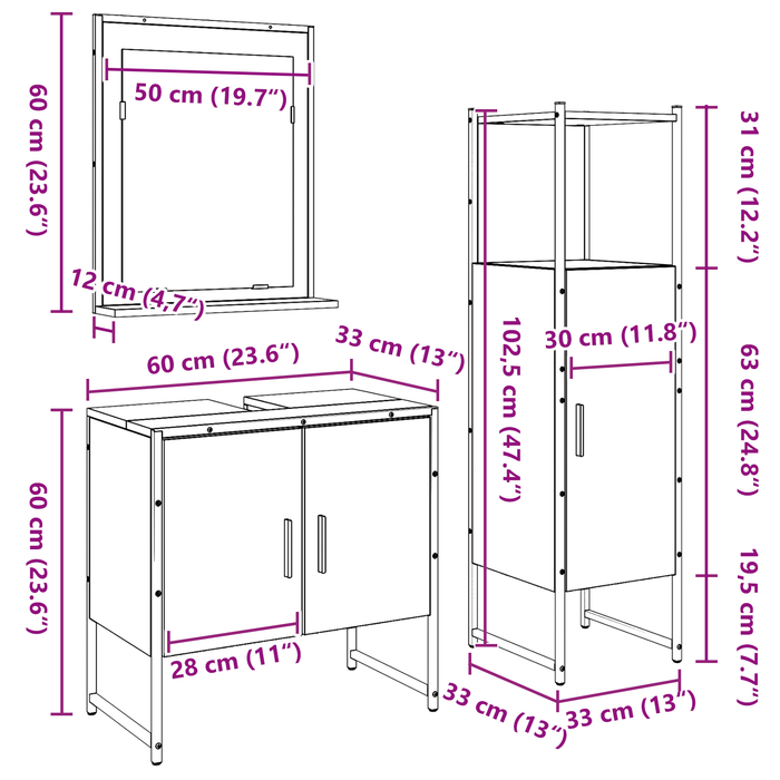 Set di armadietti da bagno 3 pezzi in rovere artigianale in legno ingegnerizzato