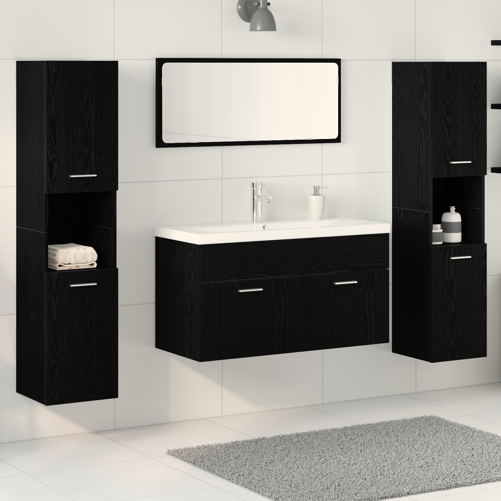 Set di Mobili per Bagno 5 Pezzi Rovere Nero Legno Ingegnerizzato