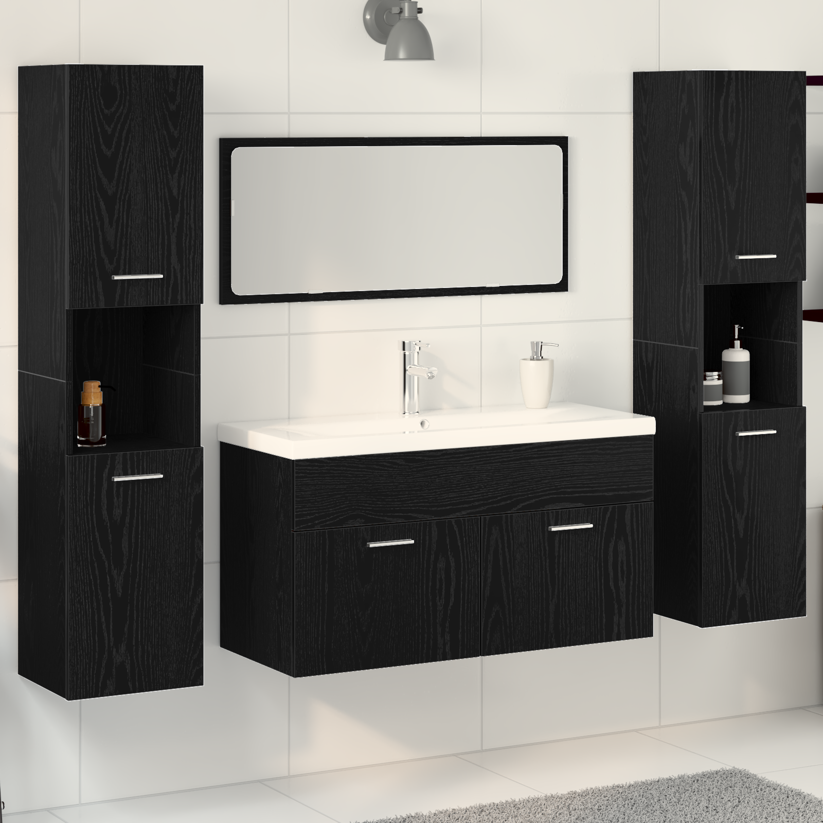 Set di mobili da bagno 5 pezzi in rovere nero legno ingegnerizzato