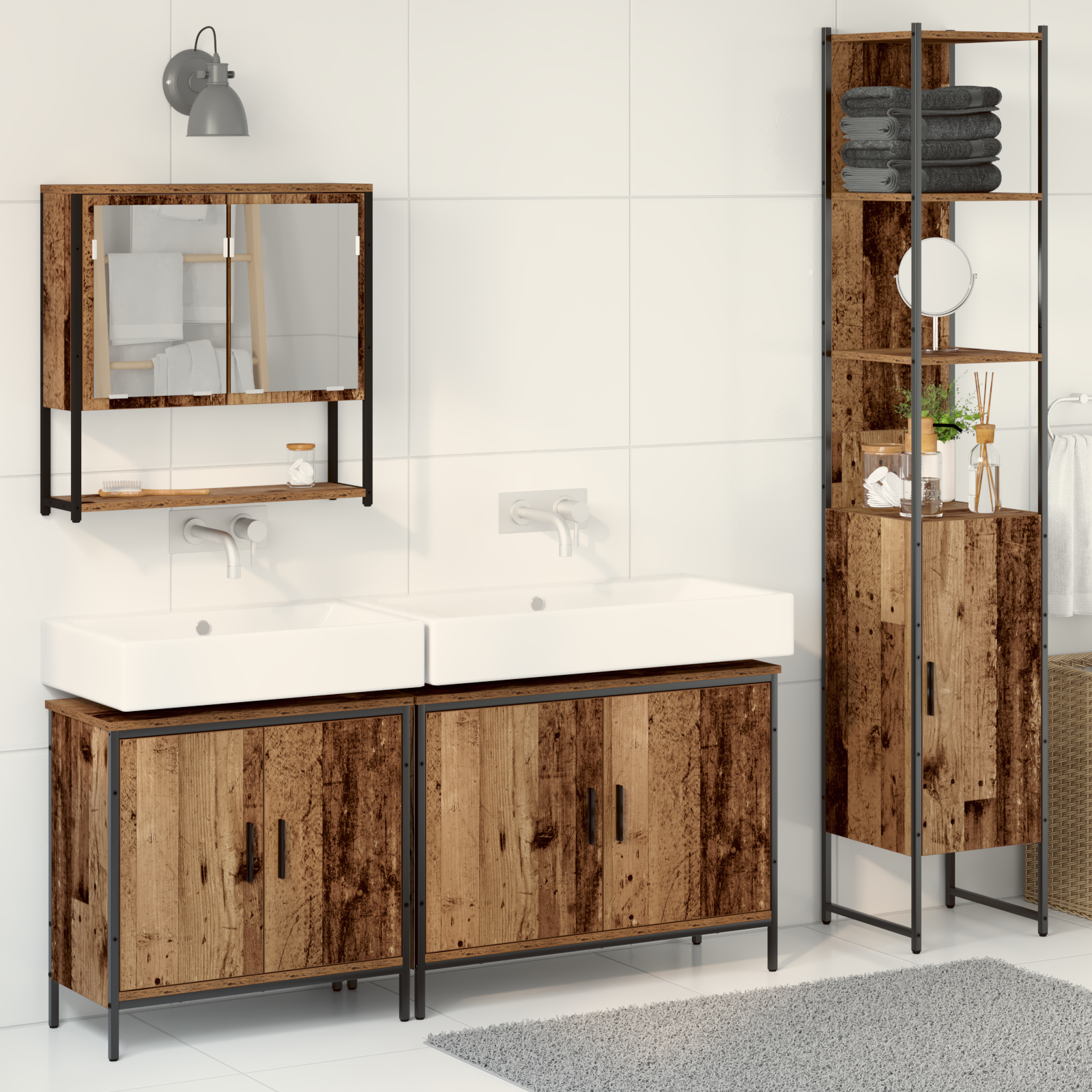 Set di mobili da bagno 4 pezzi - Legno vecchio - Legno ingegnerizzato