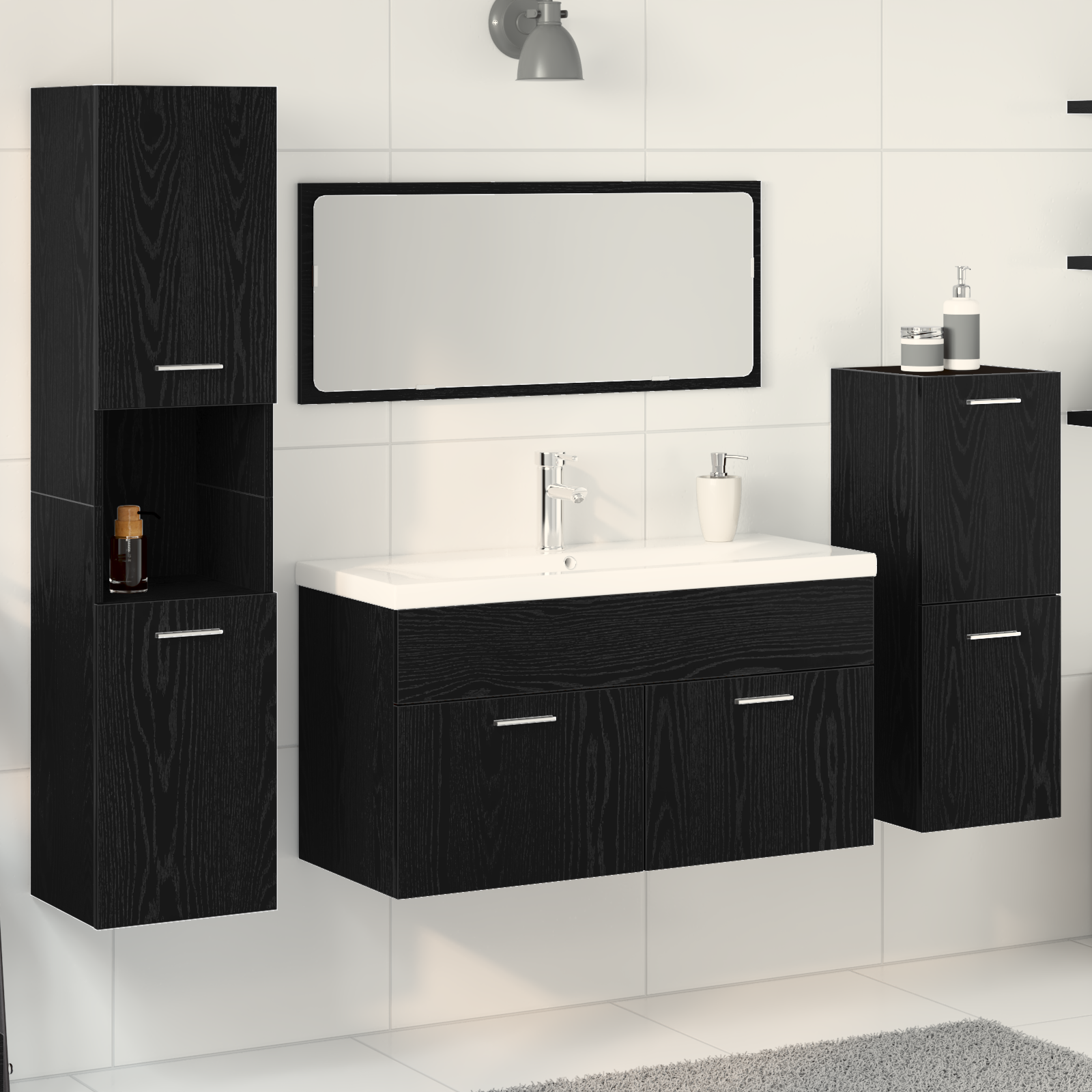Set di mobili per bagno in 4 pezzi in legno ingegnerizzato rovere nero