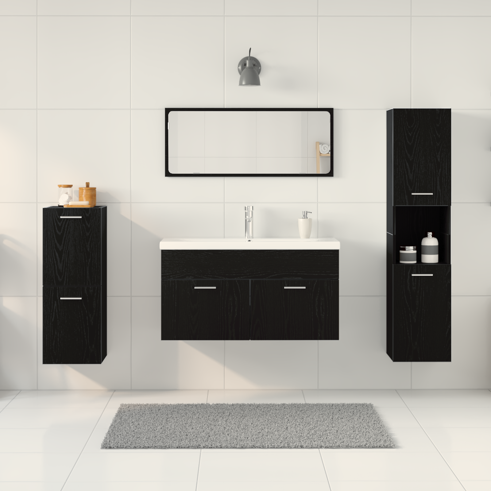 Set da bagno 5 pezzi in rovere nero legno ingegnerizzato