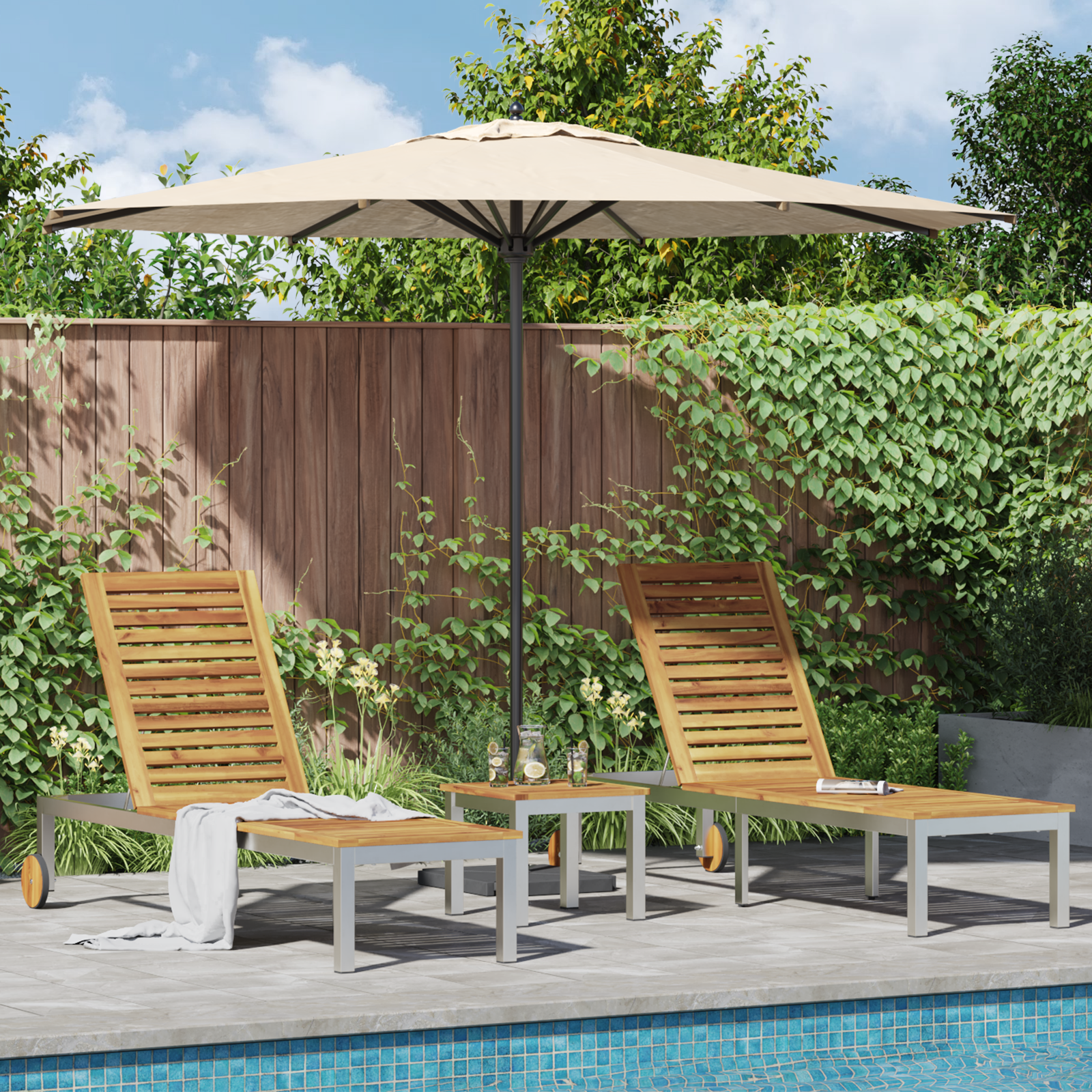 Lettini da Sole 2 pz con Tavolo in Legno Massello di Acacia