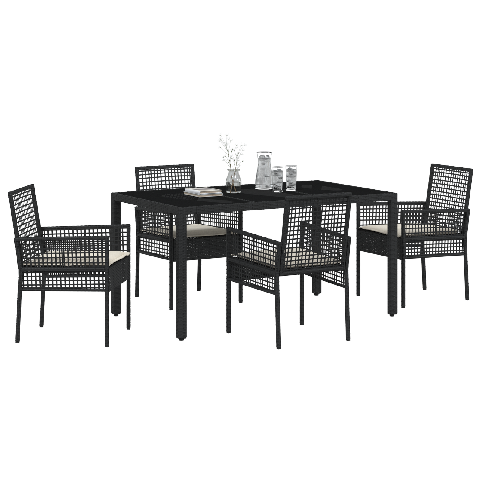 Set da Pranzo da Giardino 5 Pezzi con Cuscini in Polyrattan Nero