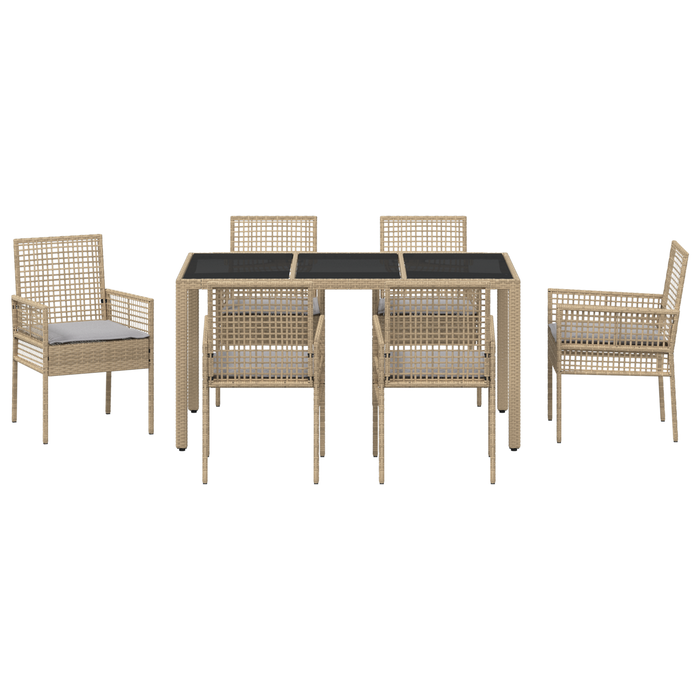 Set da pranzo per giardino 7 pezzi con cuscini in polirattan beige