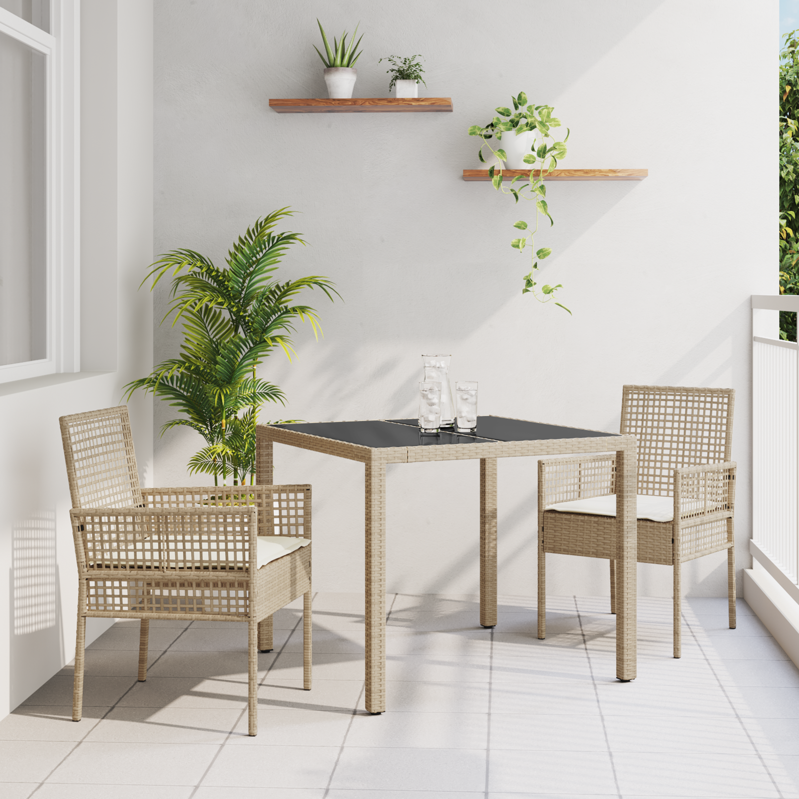 Set da pranzo da giardino 3 pezzi con cuscini in polyrattan beige