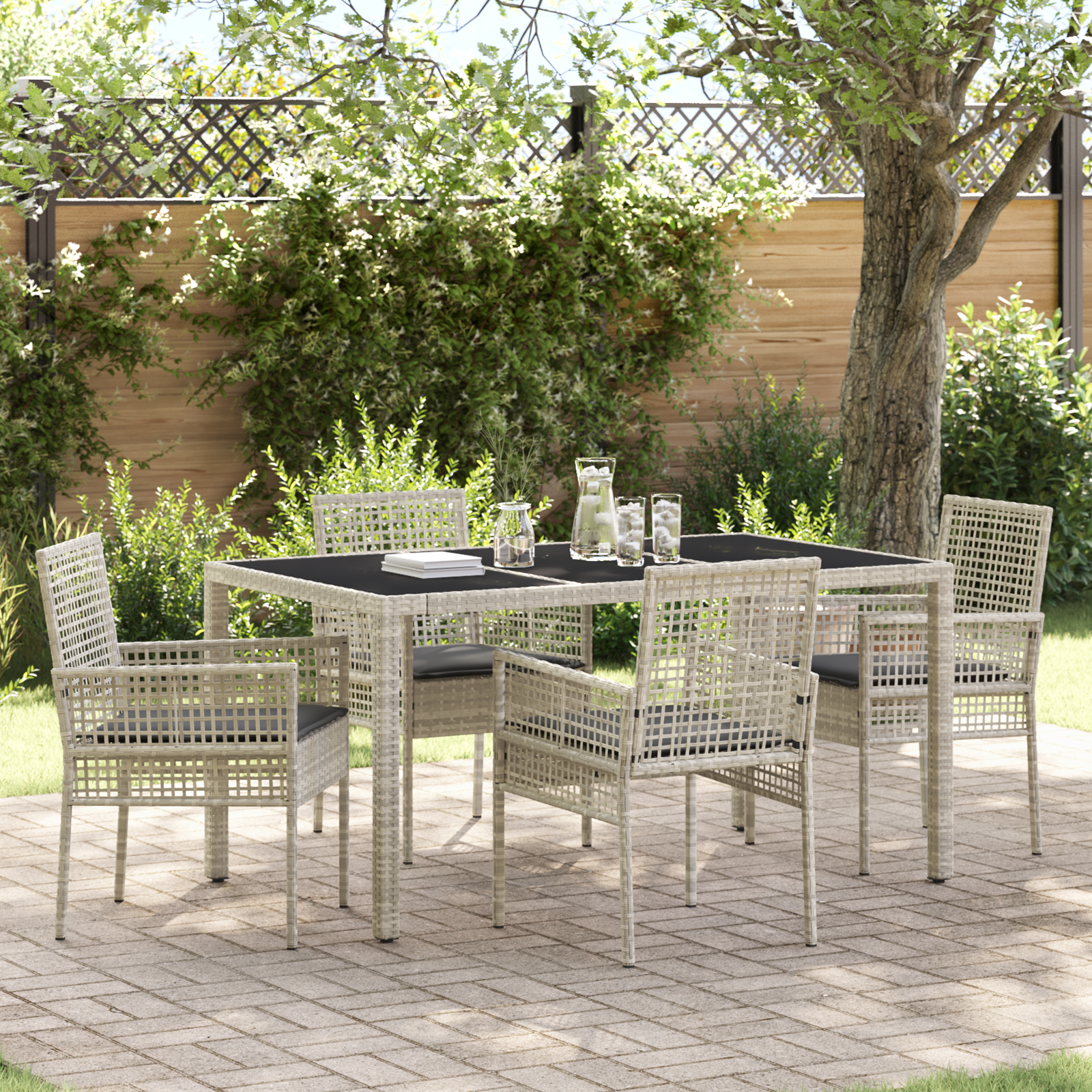 Set da pranzo da giardino 5 pezzi con cuscini grigio chiaro in polyrattan