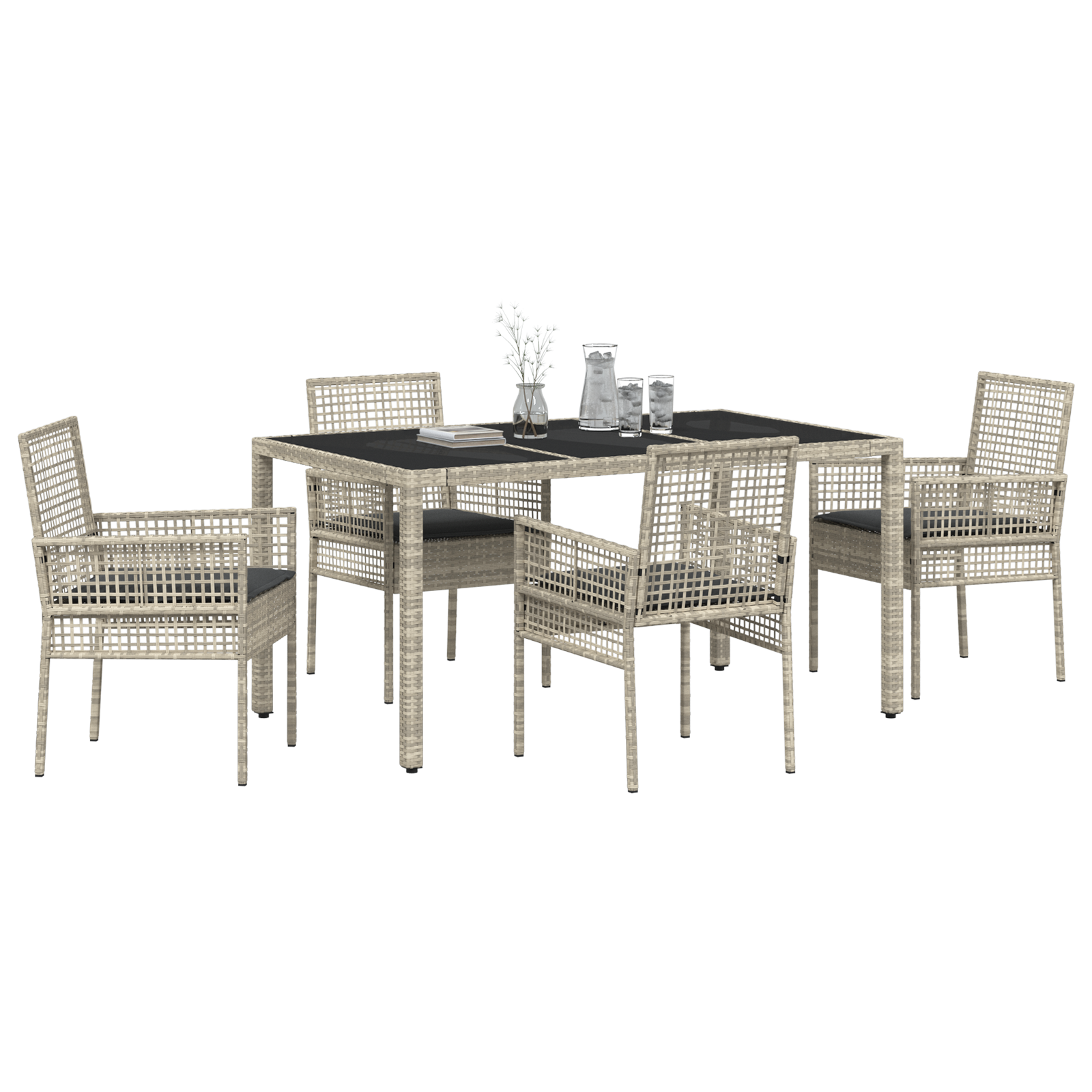 Set da pranzo da giardino 5 pezzi con cuscini grigio chiaro in polyrattan
