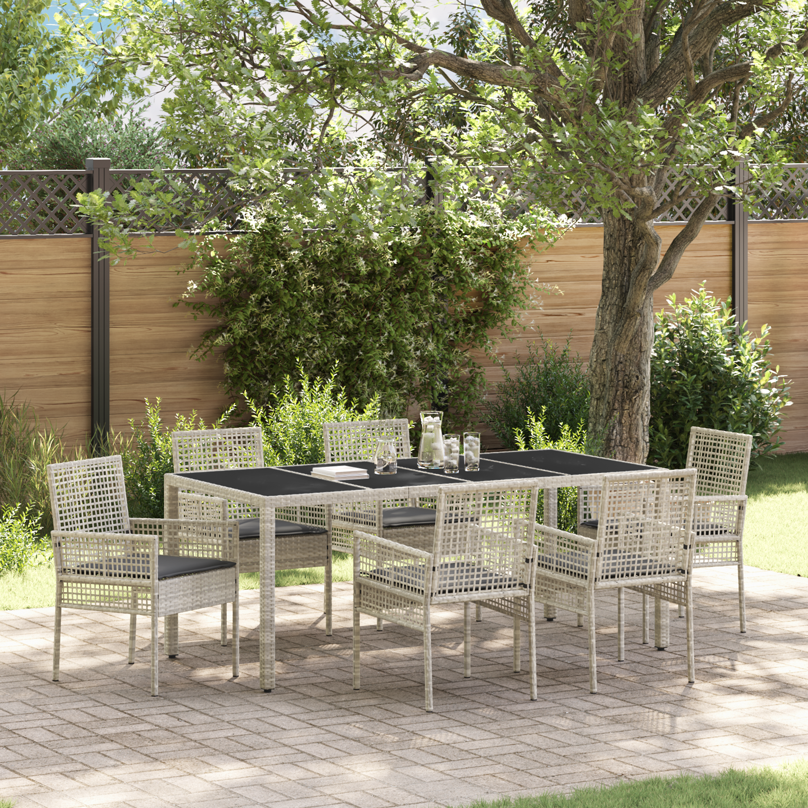 Set da Pranzo da Giardino 7 Pezzi con Cuscini Grigio Chiaro in Polyrattan