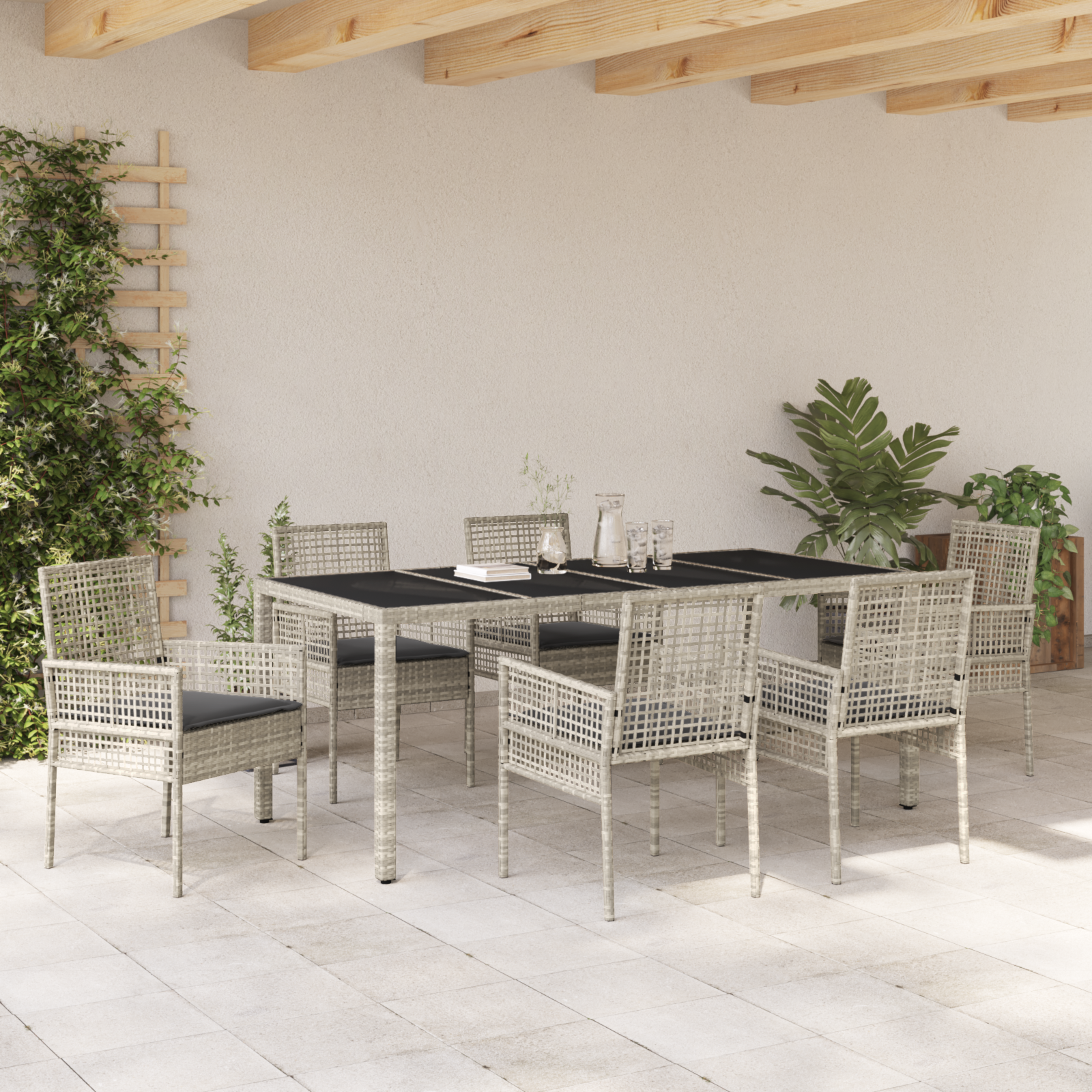 Set da Pranzo da Giardino 7 Pezzi con Cuscini Grigio Chiaro in Polyrattan