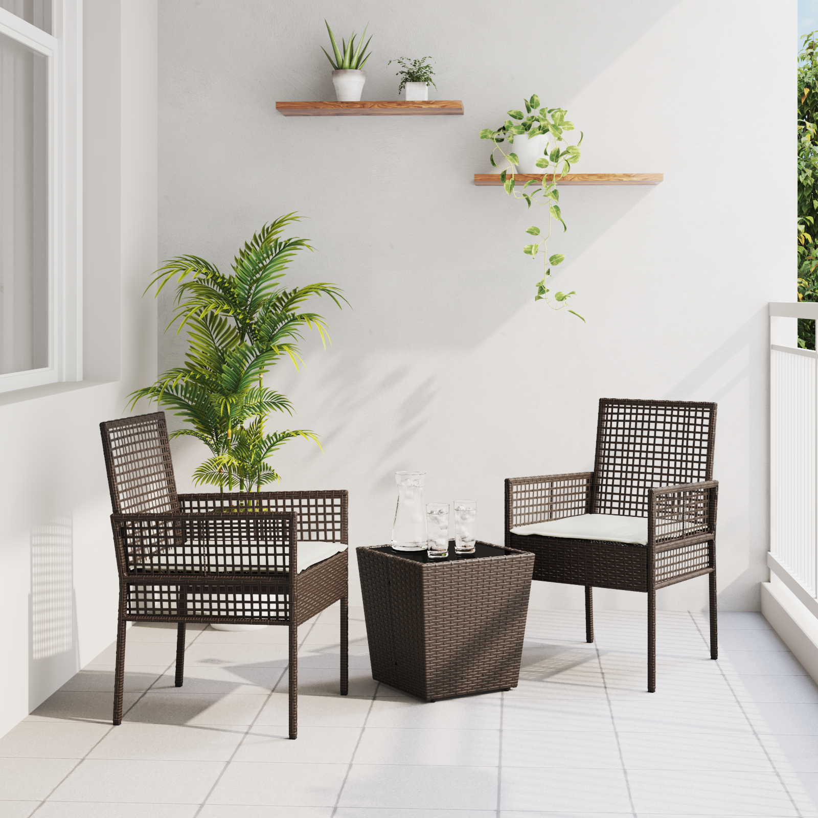 Set Bistro da Giardino a 3 Pezzi con Cuscini Marrone in Polyrattan