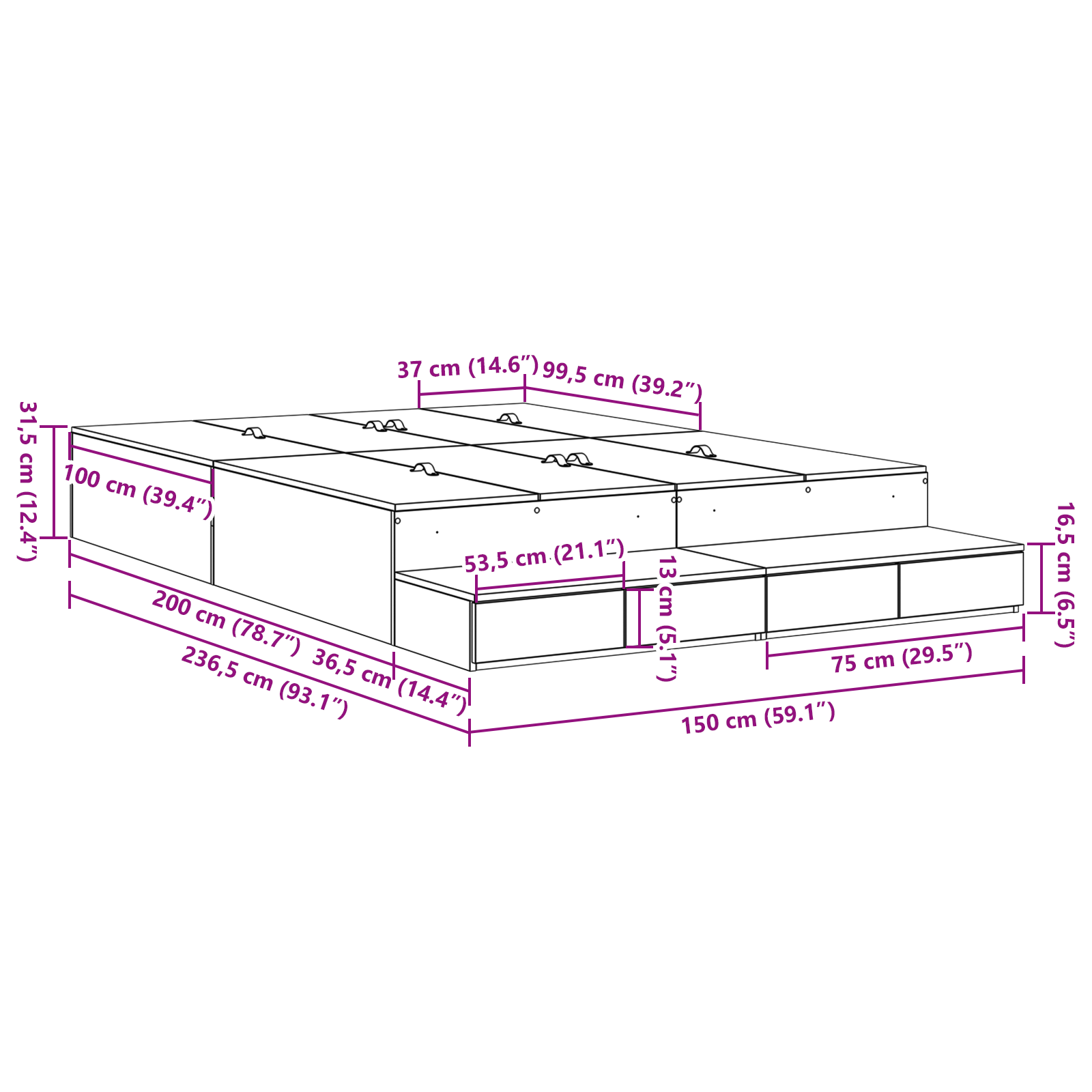 Struttura Letto con Contenitore in Rovere Nero 150x200 cm