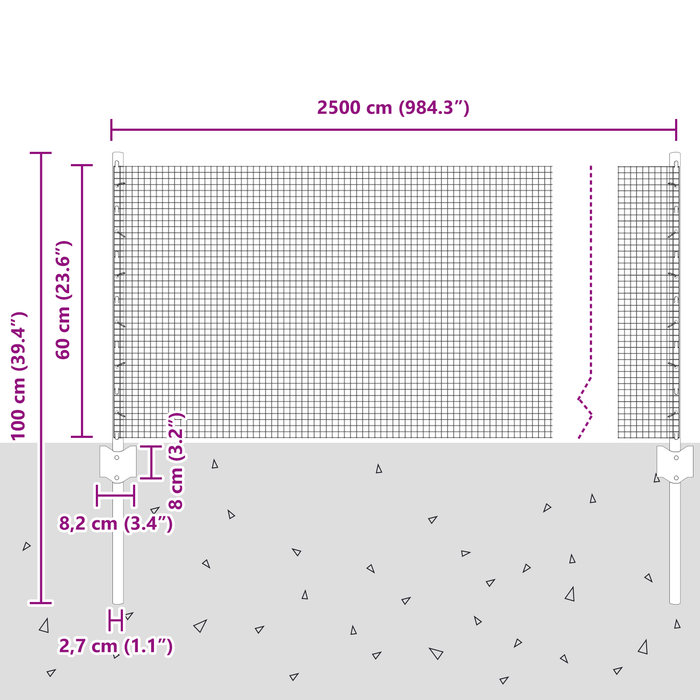 Recinzione in Rete Saldato con 11 Pali U Grigio 0.6x25 m Acciaio