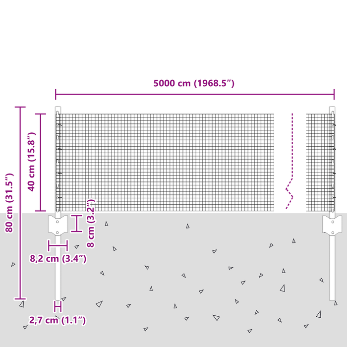 Recinzione in Rete Saldato con 22 Pali U Grigia 0.4x50 m Acciaio