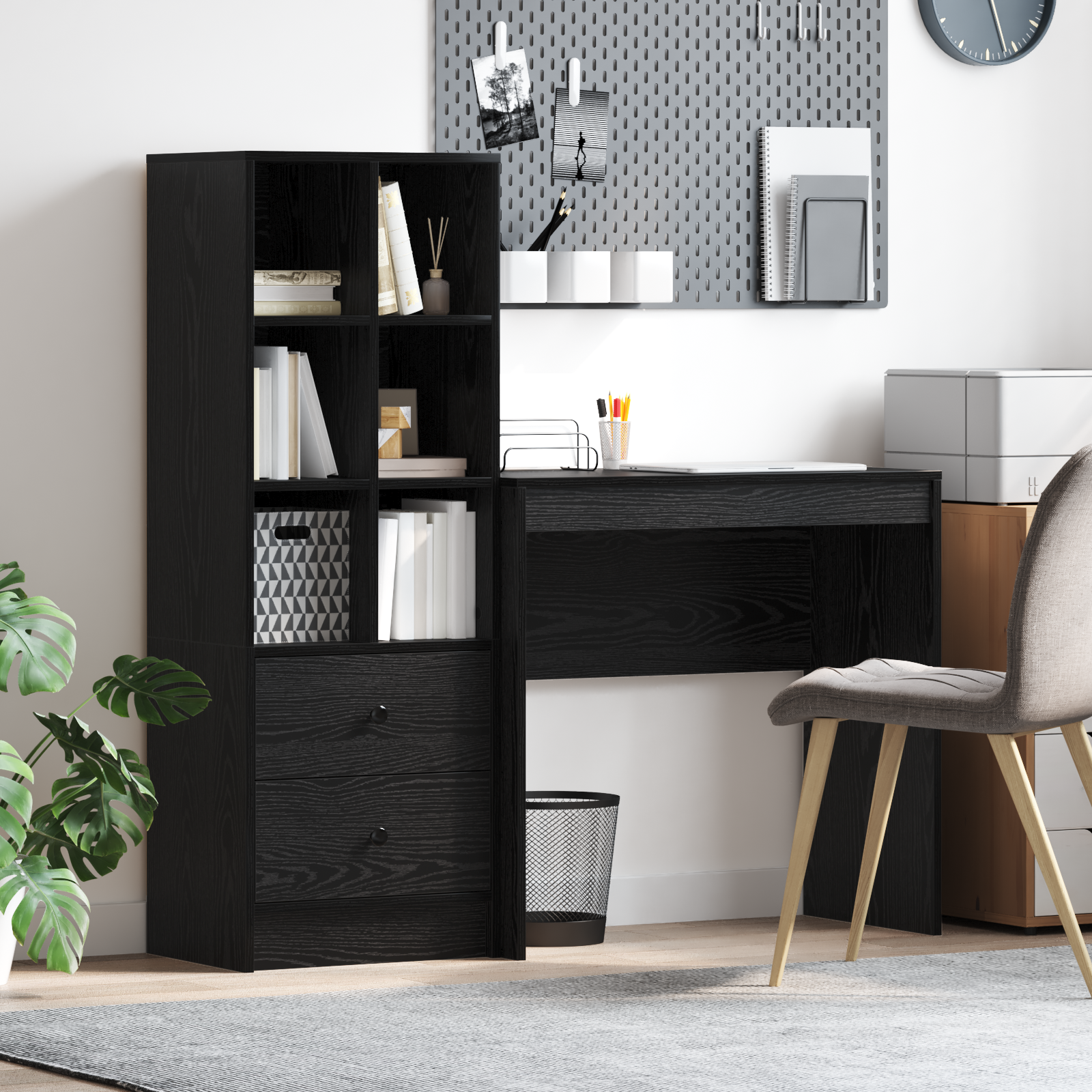 Scrivania con Storage Faggio Nero Legno Ingegnerizzato