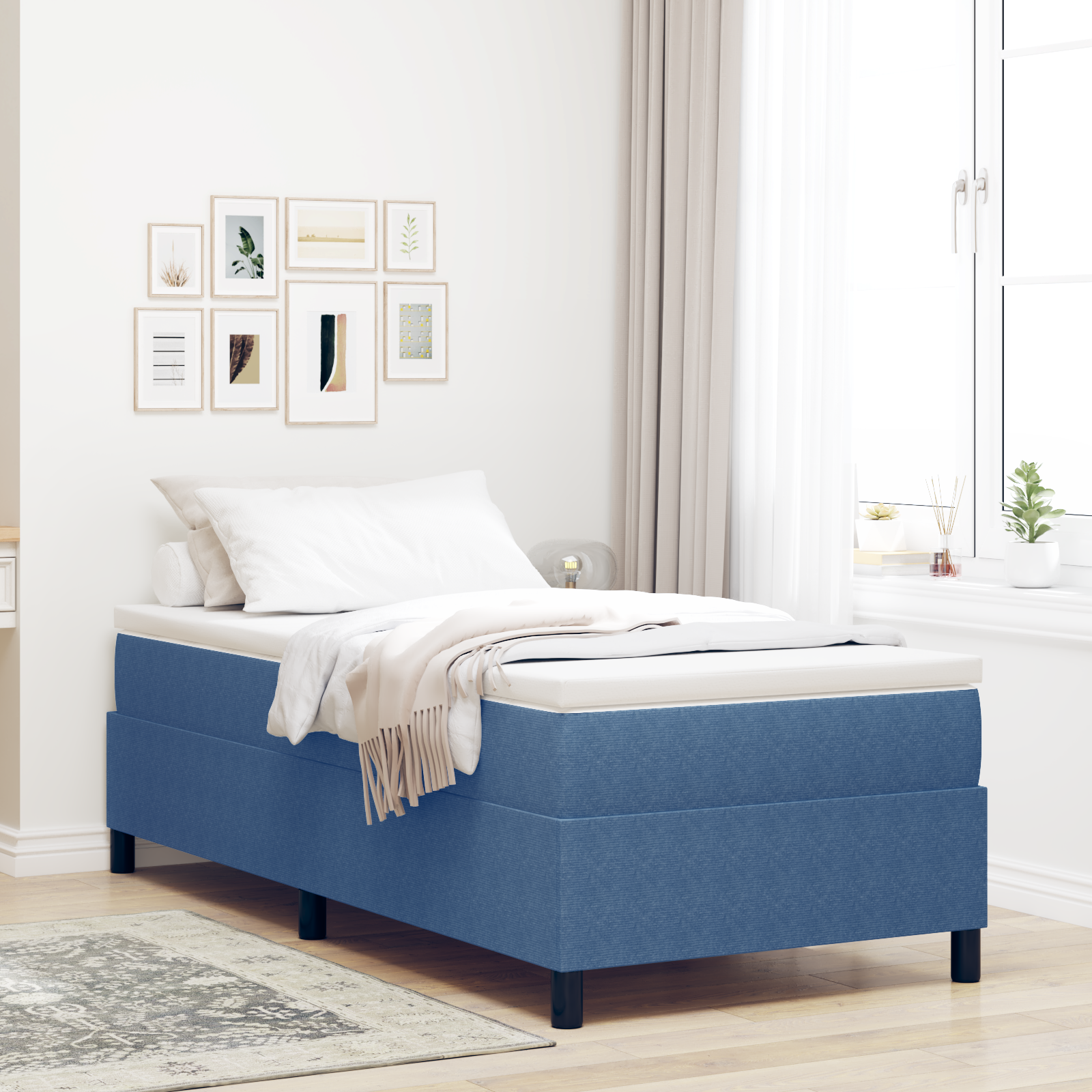 Letto a Box Blu Singolo in Tessuto Corduroy