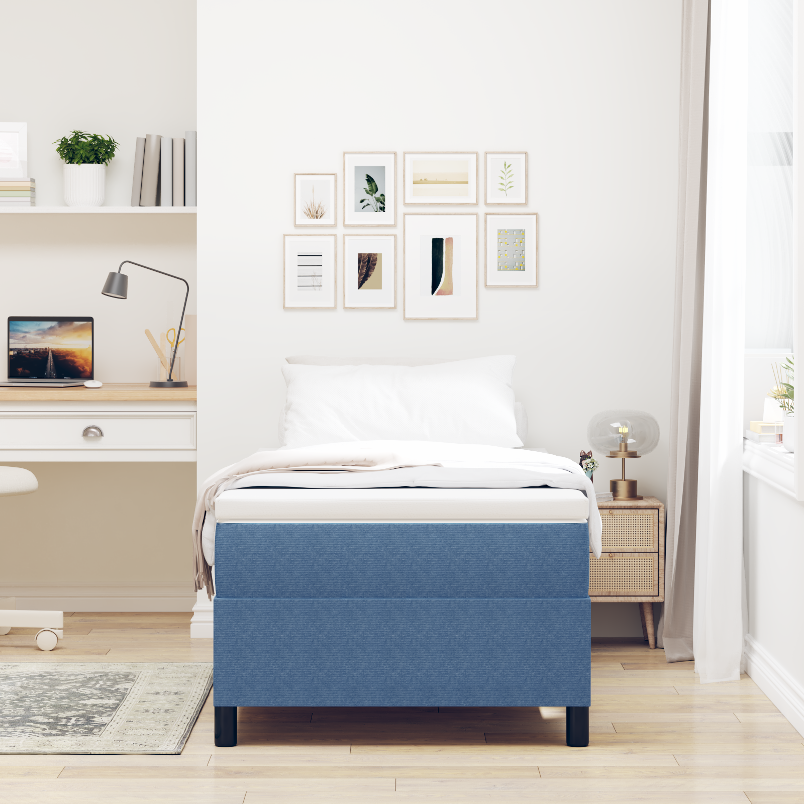 Letto con Box Spring e Materasso Blu Singolo in Tessuto Corduroy