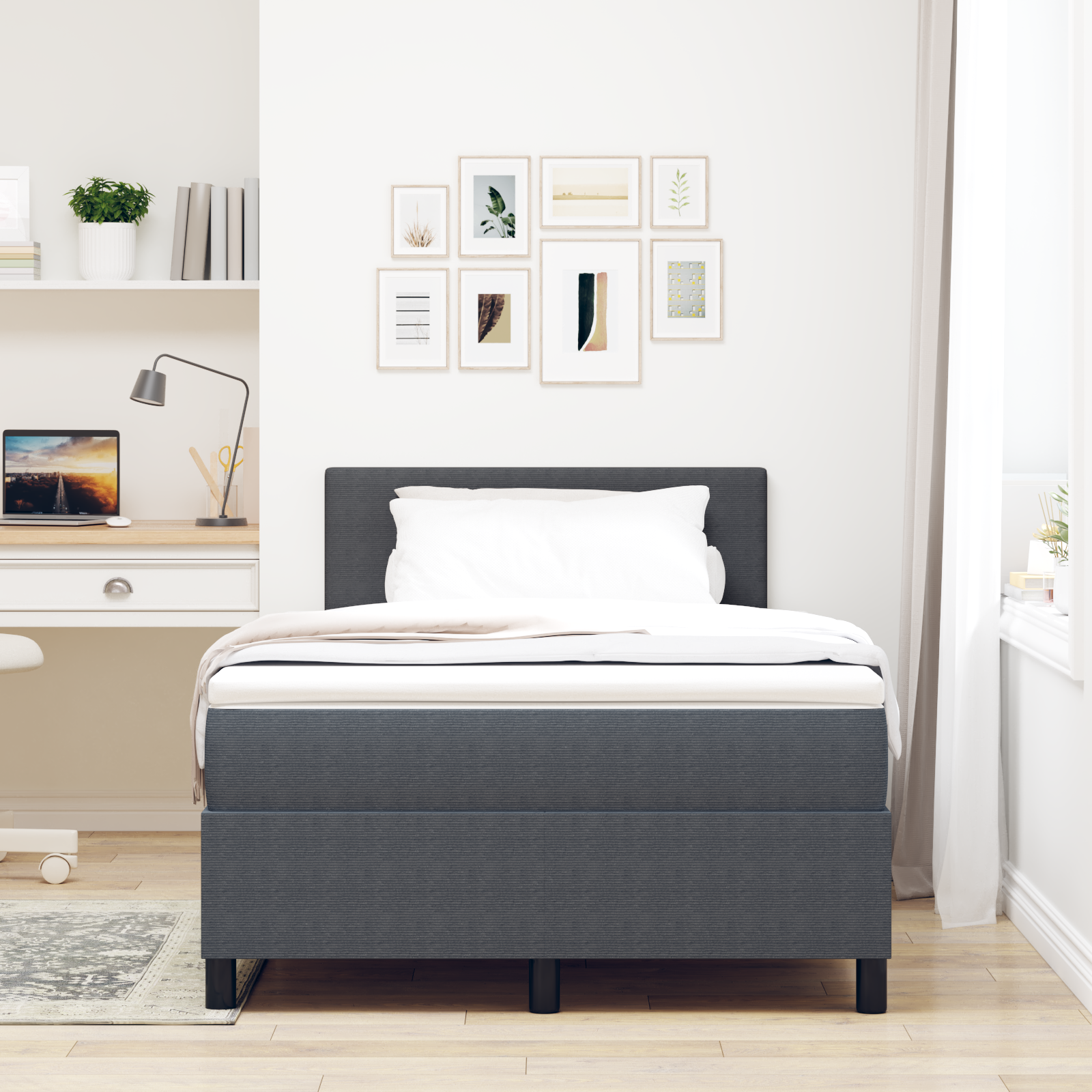Letto Box Spring con Materasso Grigio Scuro Piccolo Matrimoniale Tessuto in Corduroy