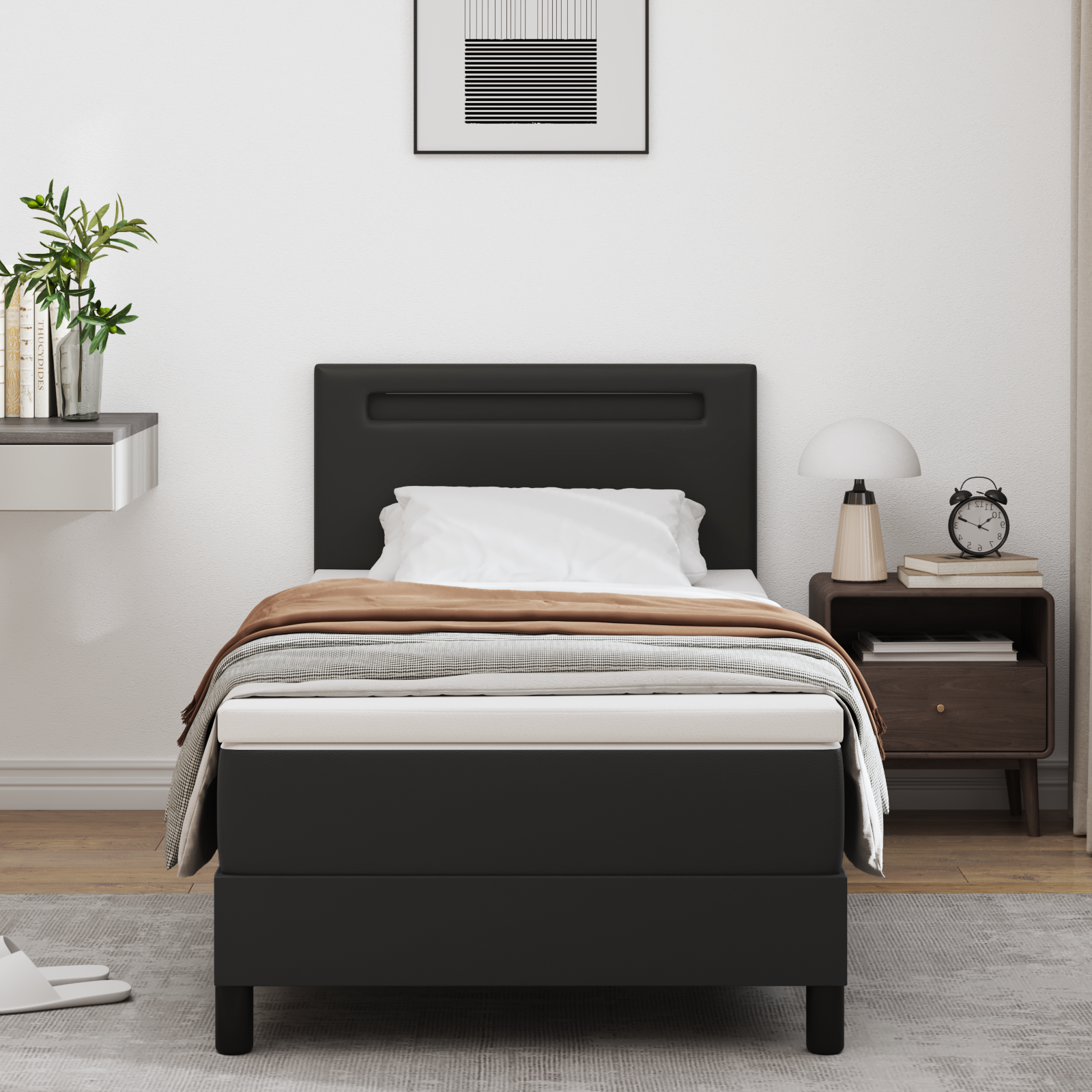 Letto con Box Spring e Materasso Nera Singolo in Eco-pelle