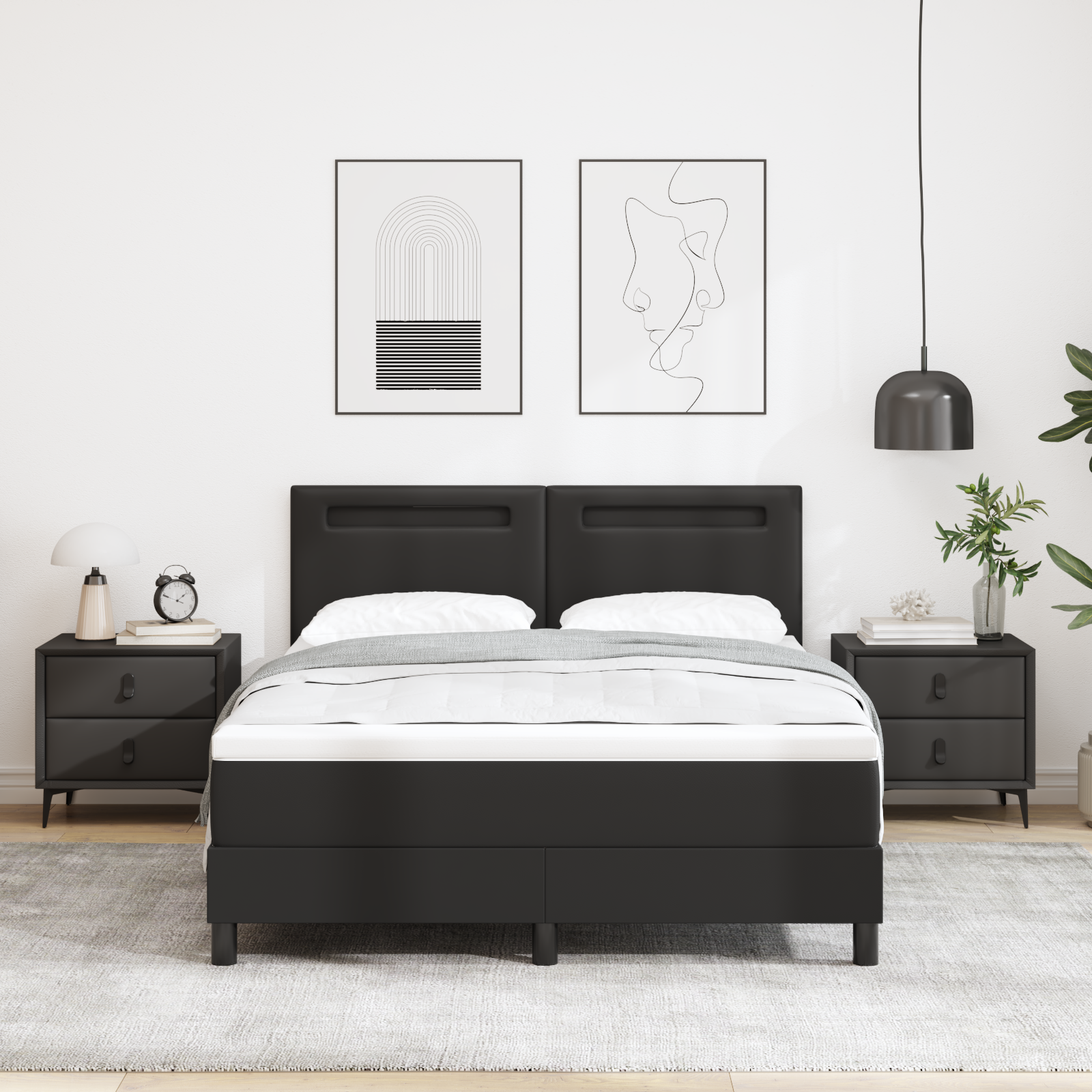 Letto con rete a molle e materasso nero 140x190 cm in pelle sintetica