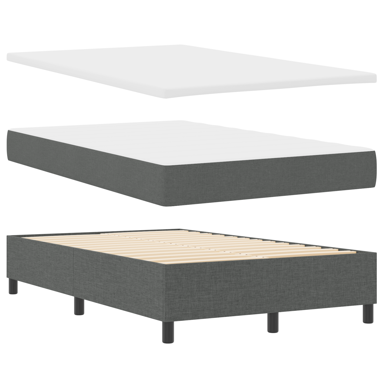 Letto Box Spring con materasso grigio scuro piccolo matrimoniale in tessuto