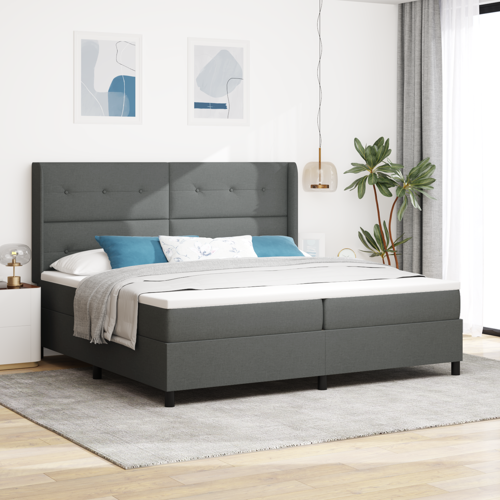 Letto Box Spring con Materasso Grigio Scuro 200x200 cm Tessuto