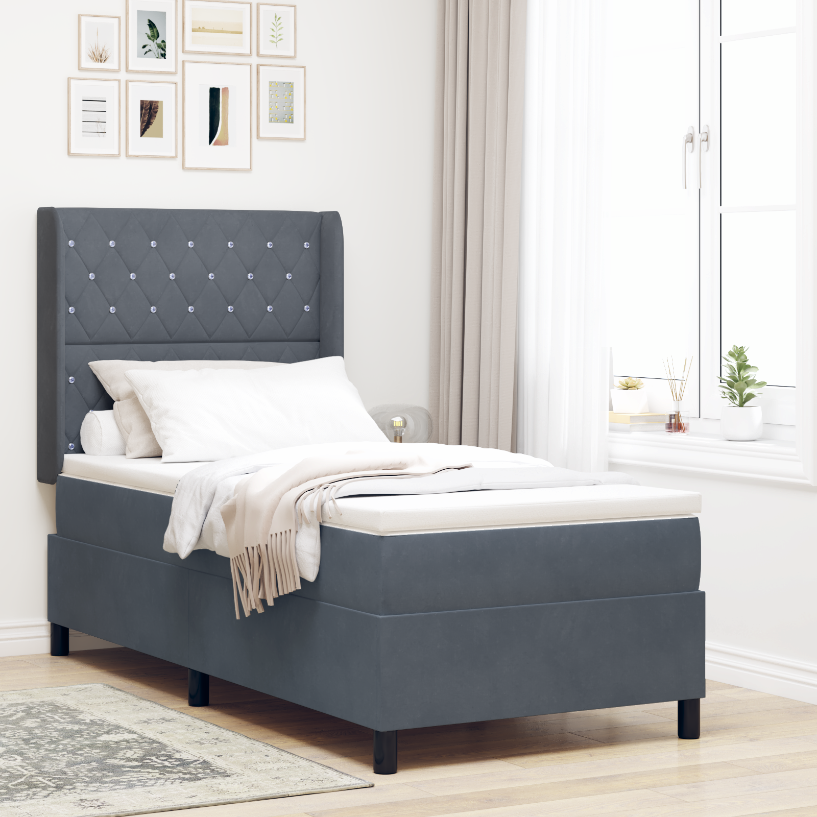 Letto Box Spring con Materasso Grigio Scuro 90x200 cm in Velluto