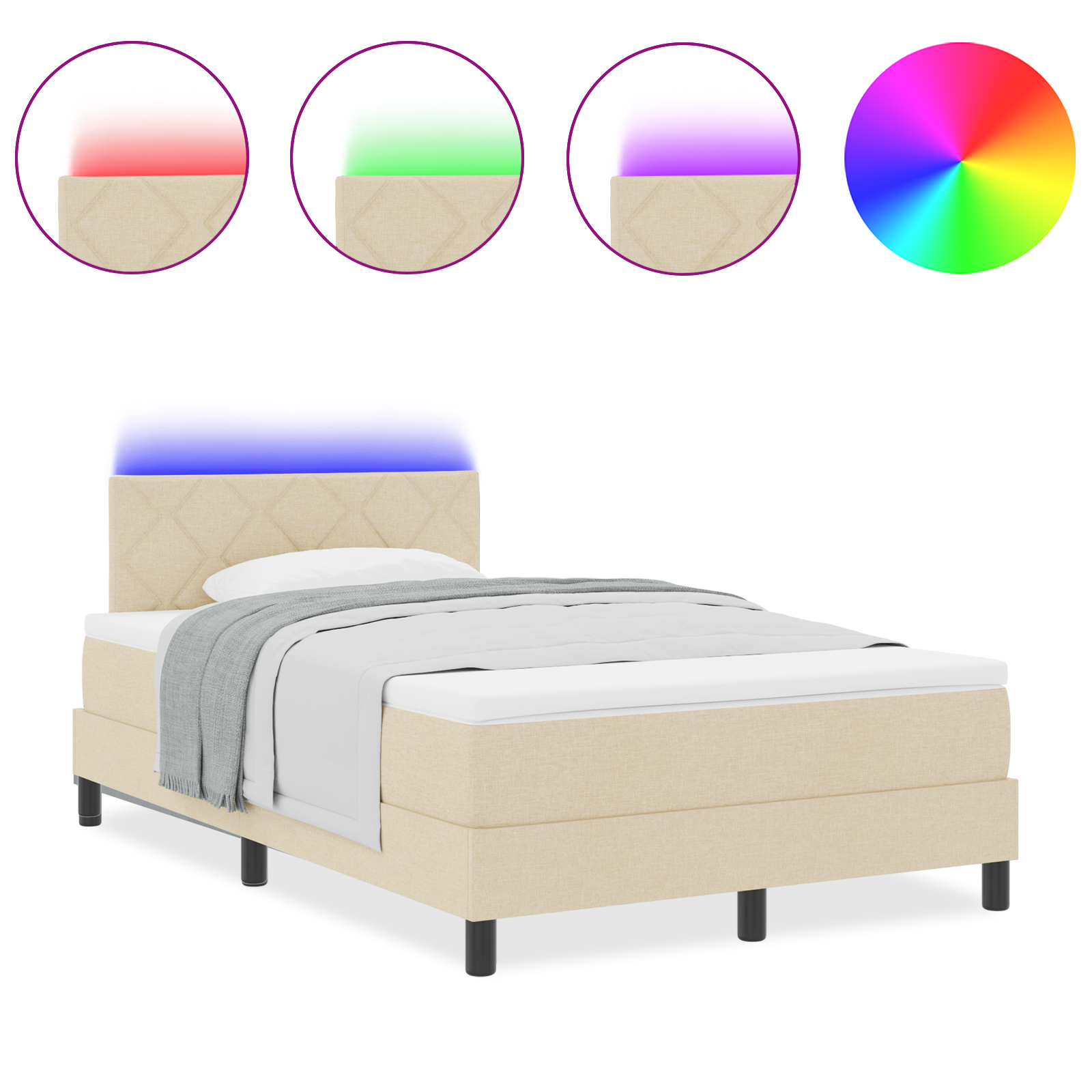 Letto a Box Spring con Materasso e Luce LED Color Crema 120x200 cm in Tessuto