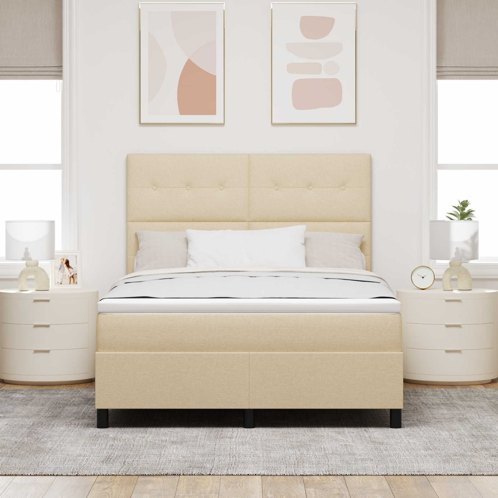 Letto Box Spring con Materasso & LED Crema 160x200 cm Tessuto