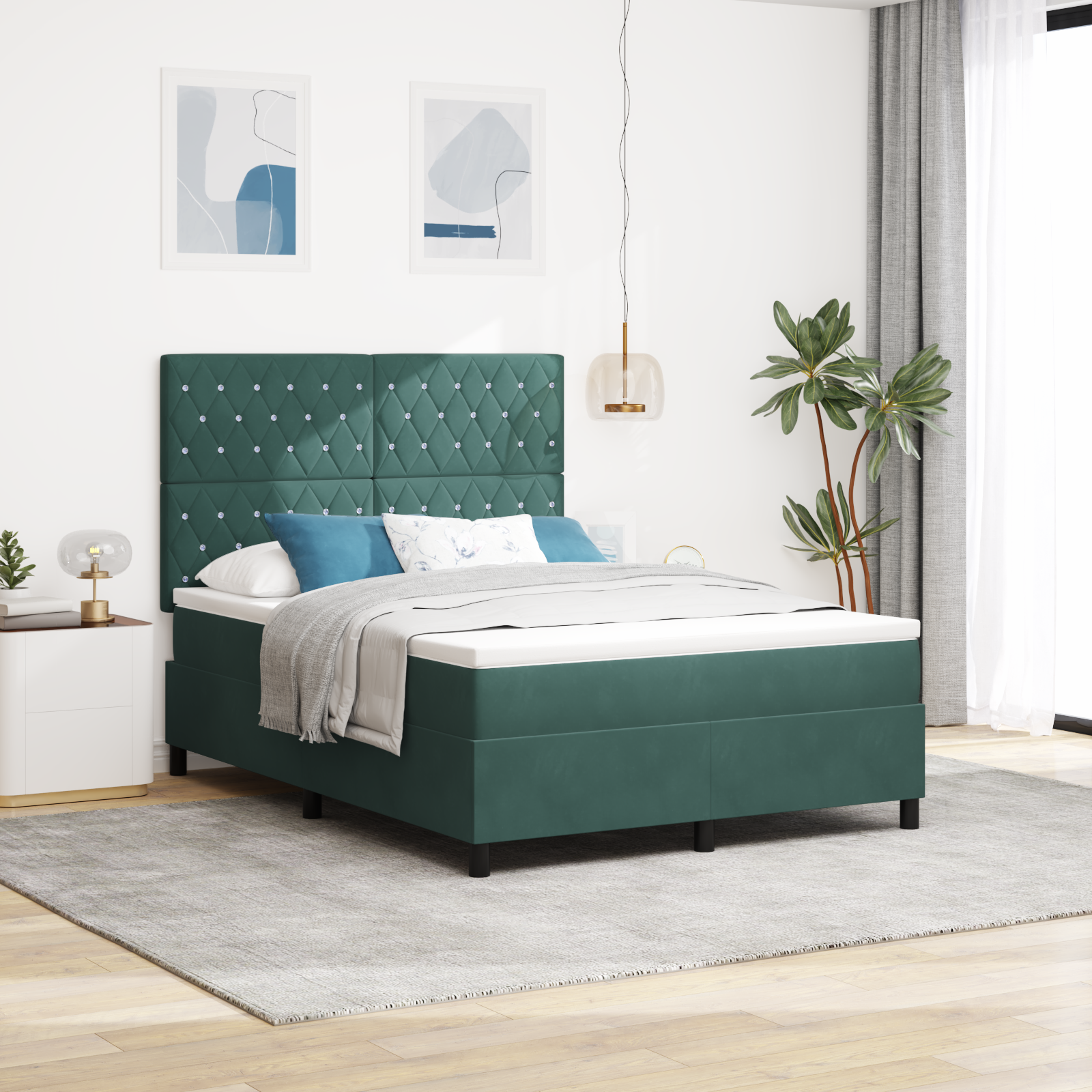 Letto a Molla con Materasso e LED Verde Scuro 140x190 cm Velluto