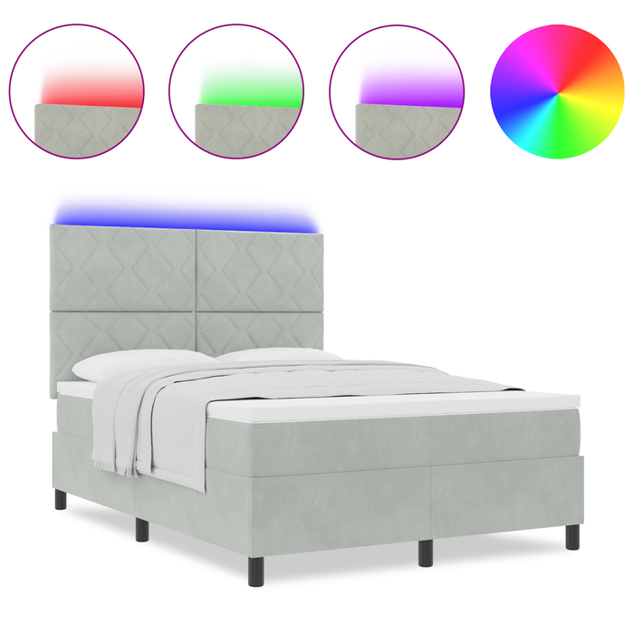 Letto a molle con materasso e luce LED Grigio chiaro 140x200 cm Velluto