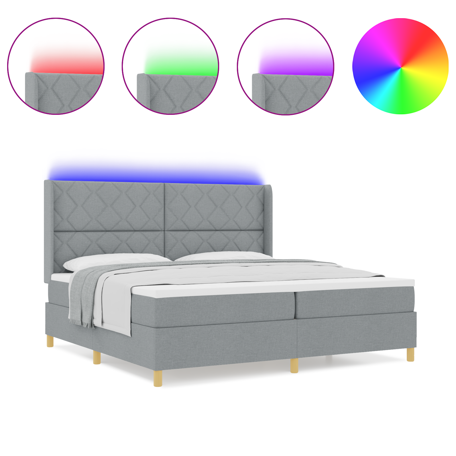 Letto Box Spring con Materasso e Luce LED Grigio Chiaro 200x200 cm Tessuto