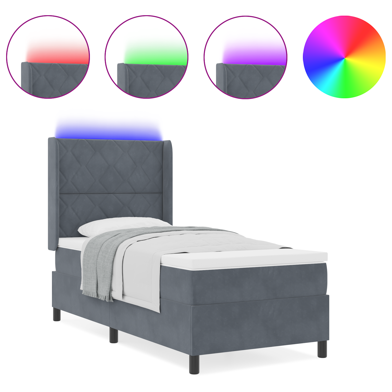 Letto a molle box con materasso e LED Grigio Scuro 100x200 cm Velluto