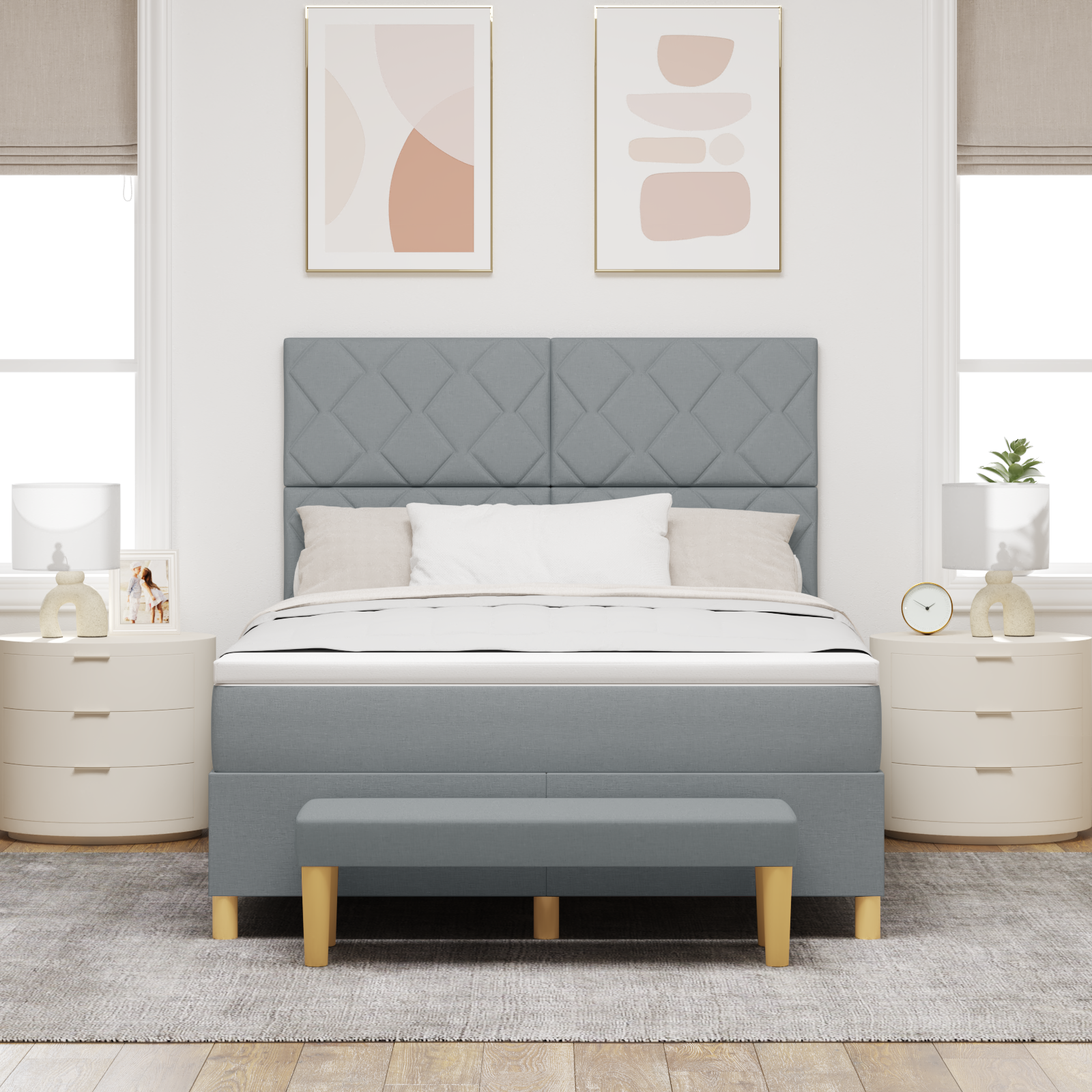 Letto con Box Spring e Panchina Grigio Chiaro 160x200 cm Tessuto