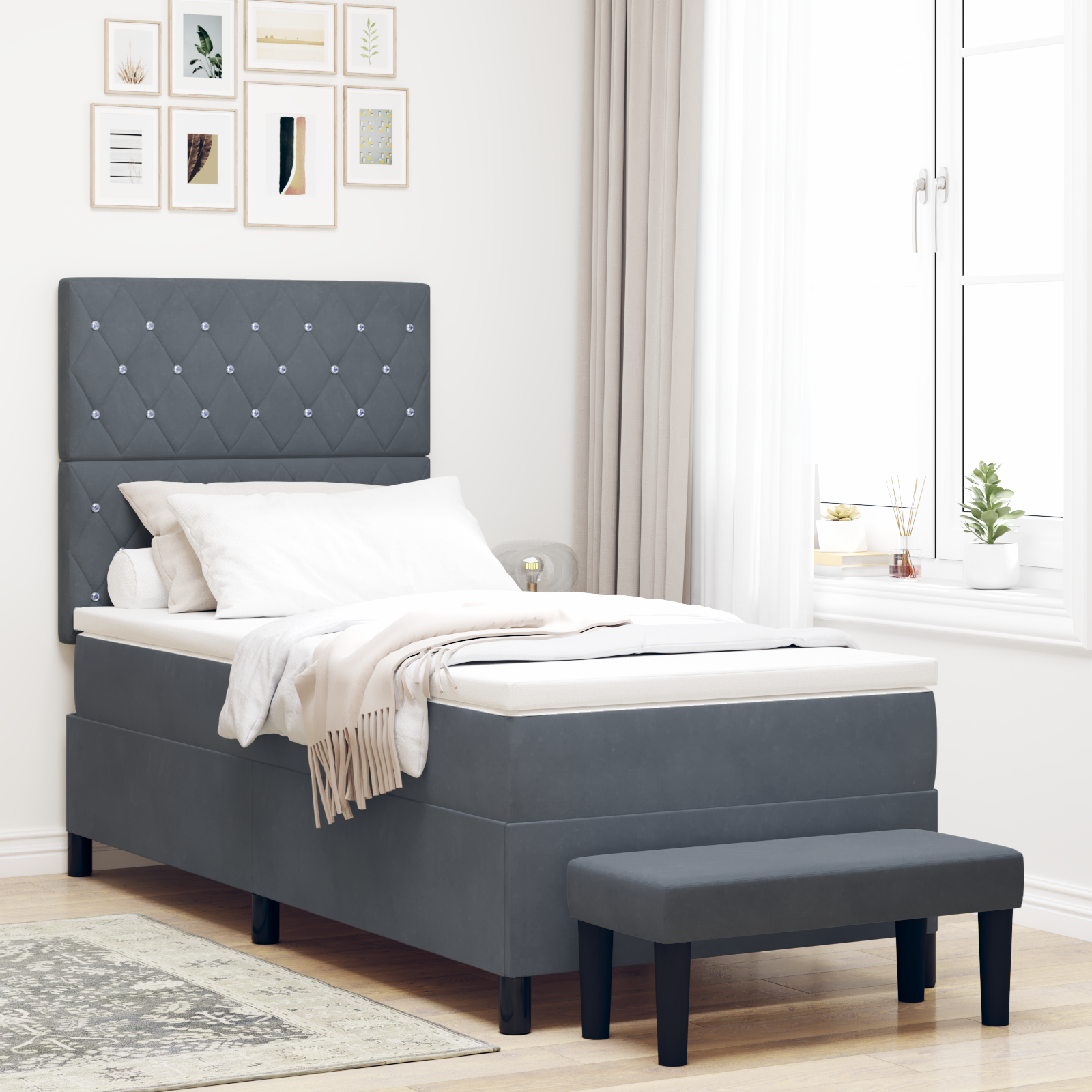 Letto a molle con materasso e panca grigio scuro 100x200 cm velluto