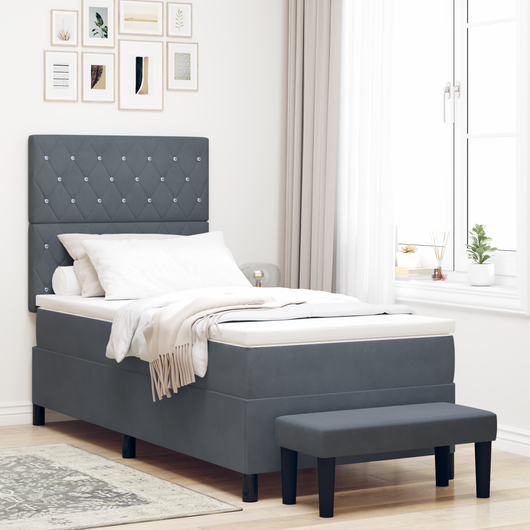 Letto a molle con materasso e panca grigio scuro 100x200 cm velluto