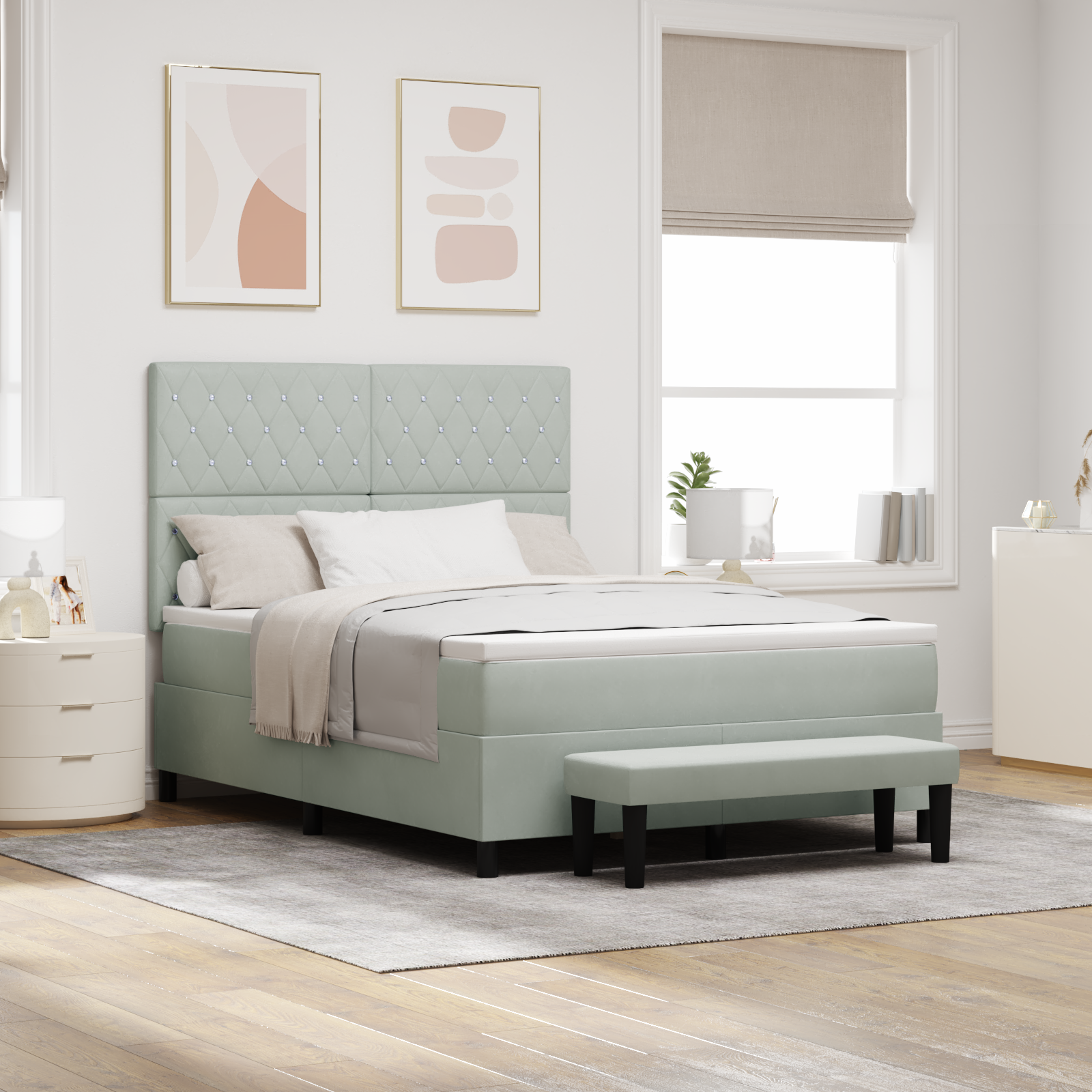 Letto a Molle con Materasso & Panchina Grigio Chiaro 160x200 cm Velluto