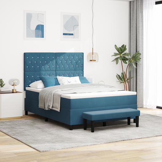 Letto con Box Spring con Materasso e Panchina Blu Scuro 160x200 cm Velluto