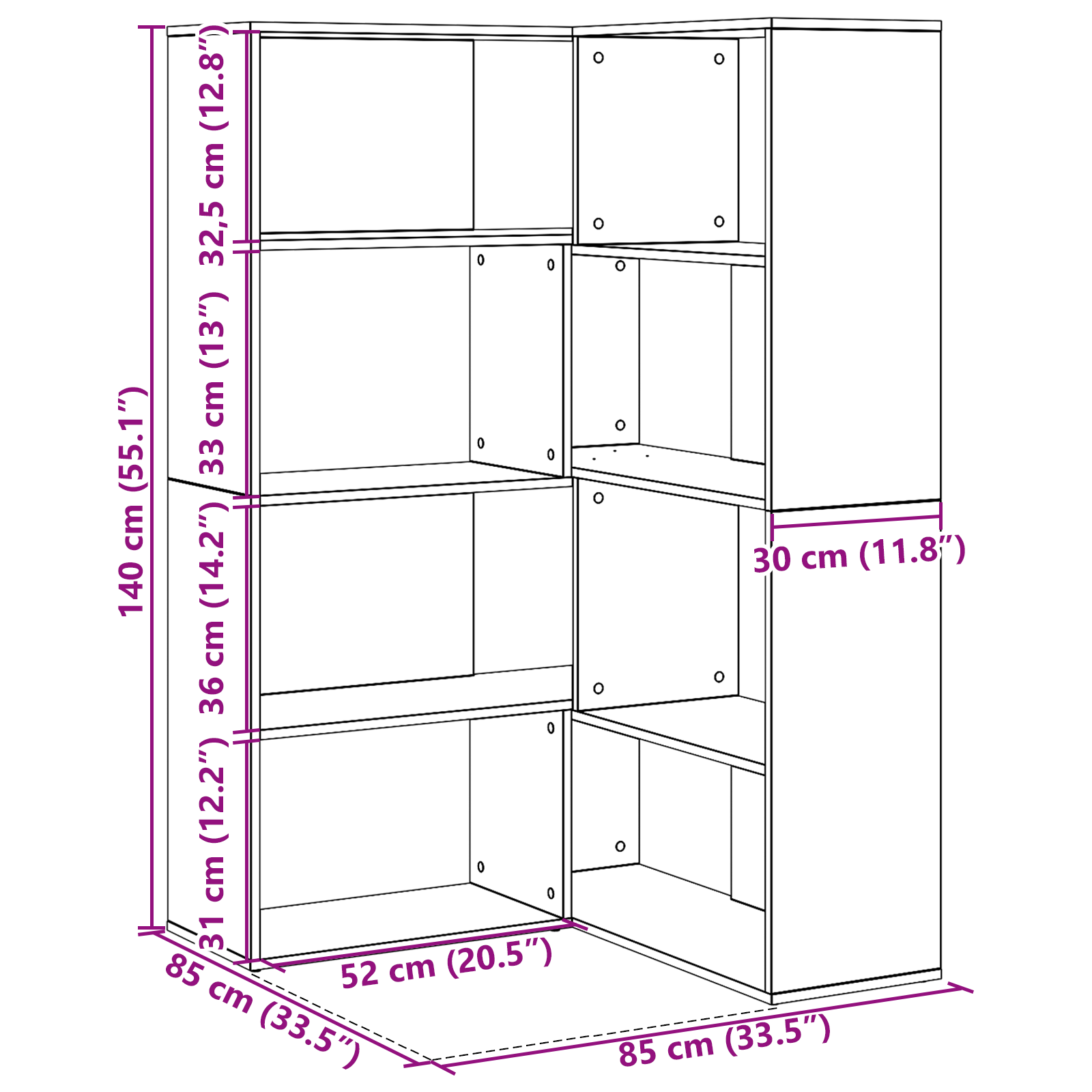 Armadio Angolare  Nero Rovere 140x30x140 cm Legno ingegnerizzato