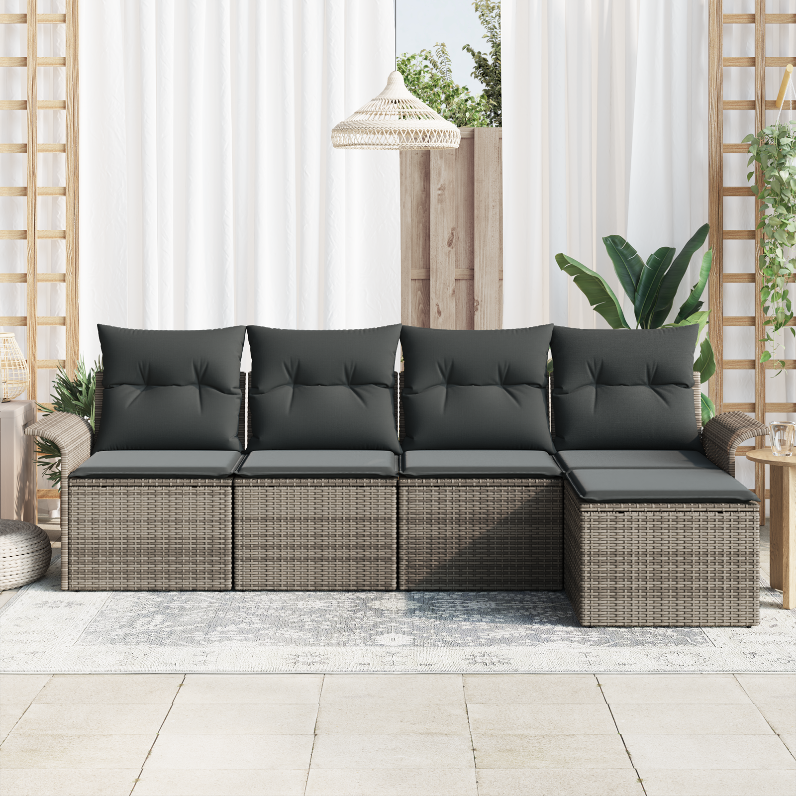 Set da giardino 5 pezzi con cuscini in polyrattan grigio