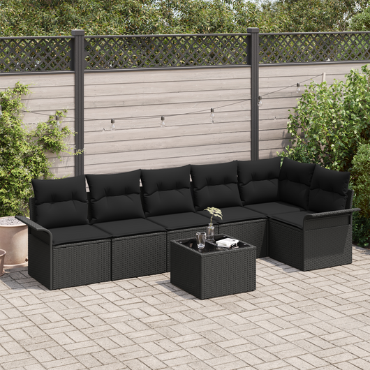 Set di Sofà da Giardino a 7 Pezzi con Cuscini Beige Poly Rattan