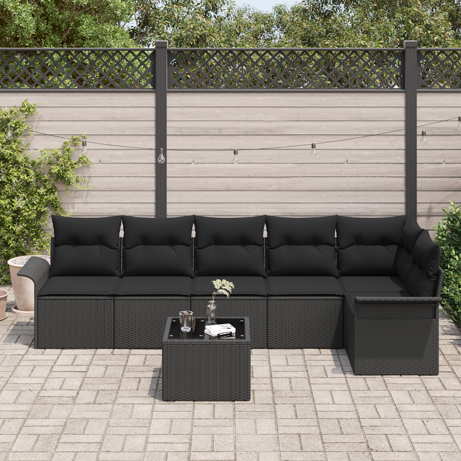 Set di Sofà da Giardino a 7 Pezzi con Cuscini Beige Poly Rattan