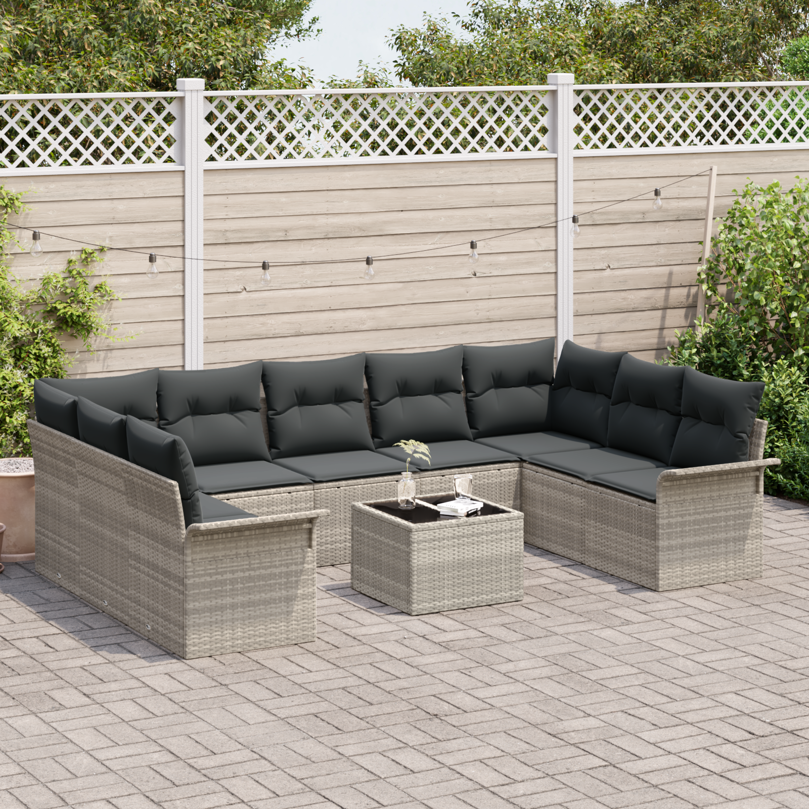Set di divani da giardino 10 pezzi con cuscini Grigio Polyrattan