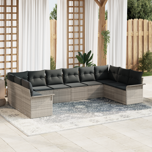Set di divani da giardino da 10 pezzi con cuscini Grigio chiaro Polyrattan