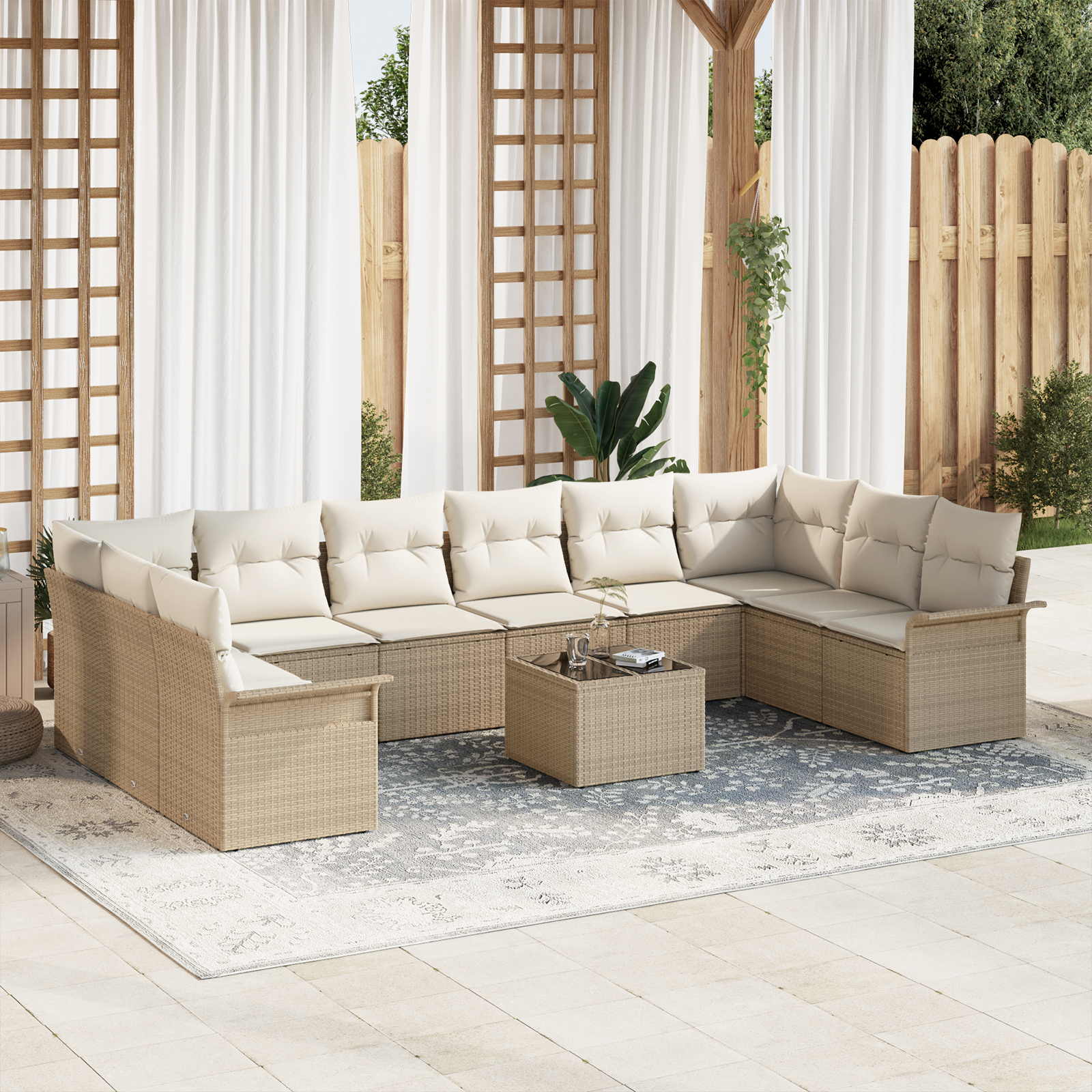 Set divani da giardino 11 pezzi con cuscini rattan sintetico marrone